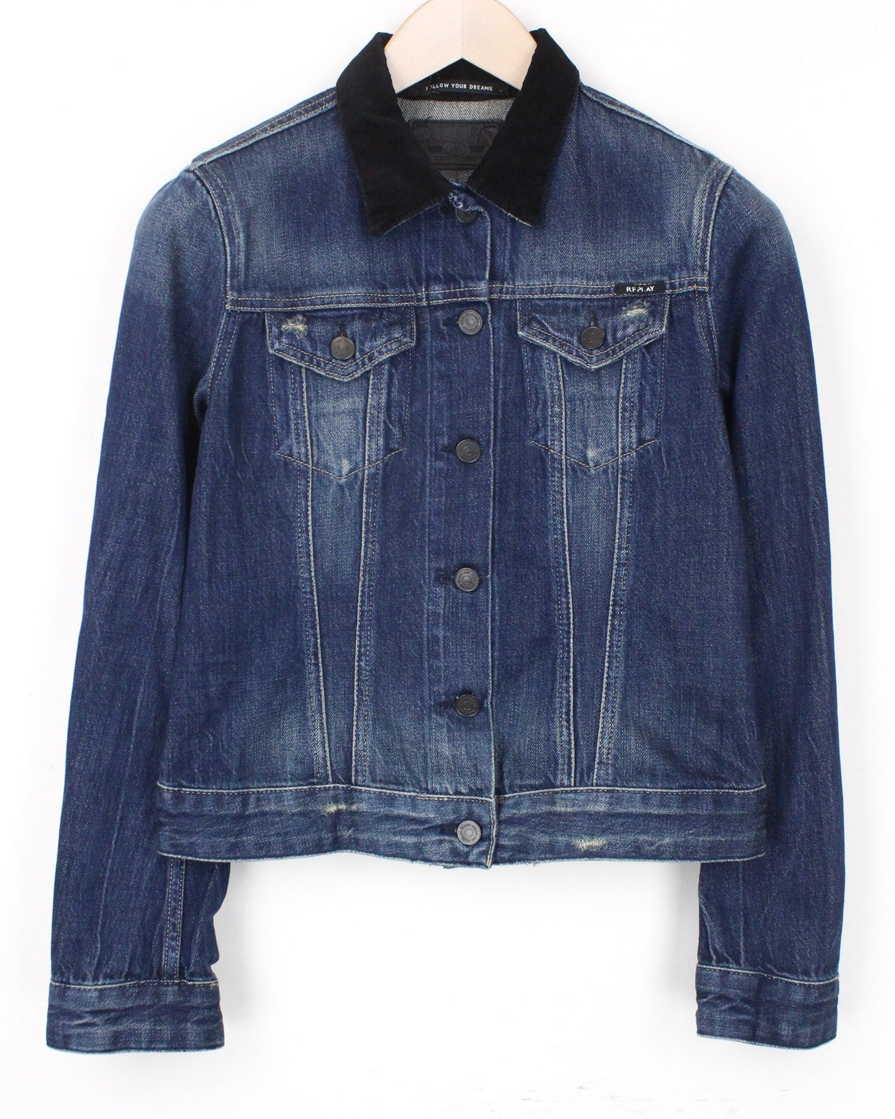 REPLAY moteriška trumpinta džinsinė striukė S, ilgomis rankovėmis, mėlyna medvilnė, su skalbta apykakle 