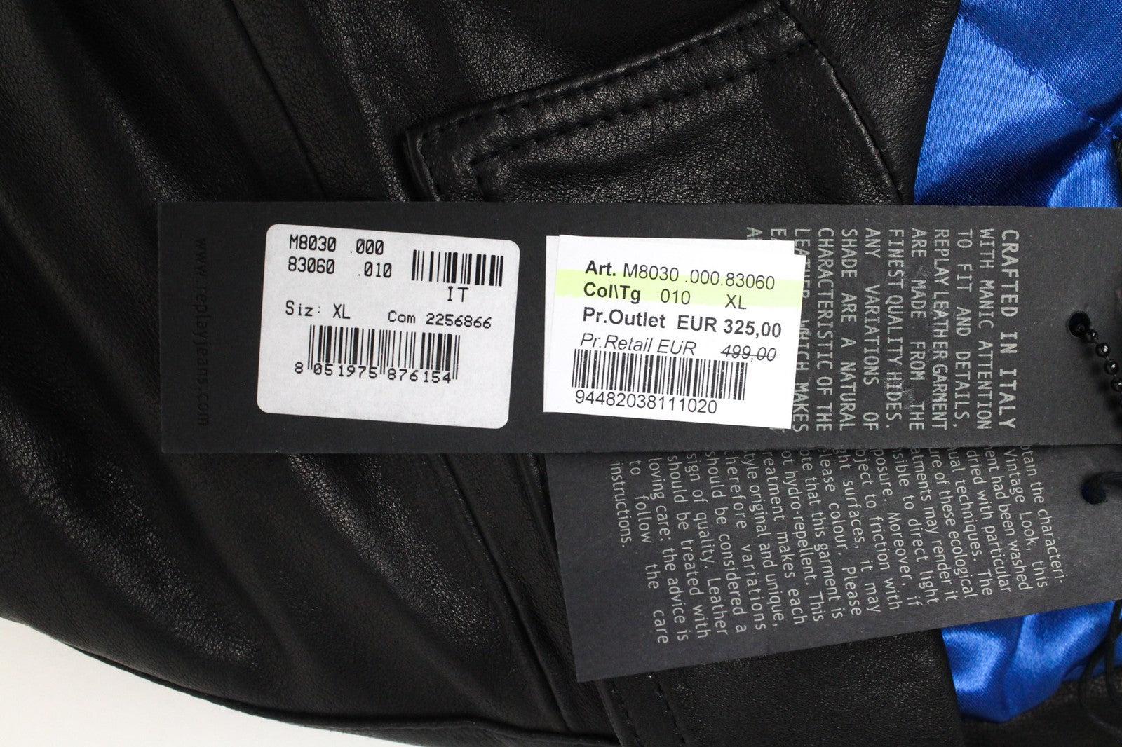 REPLAY Men's Jacket XL Black Lambskin Leather Zip-Up Classic Slim RRP€499