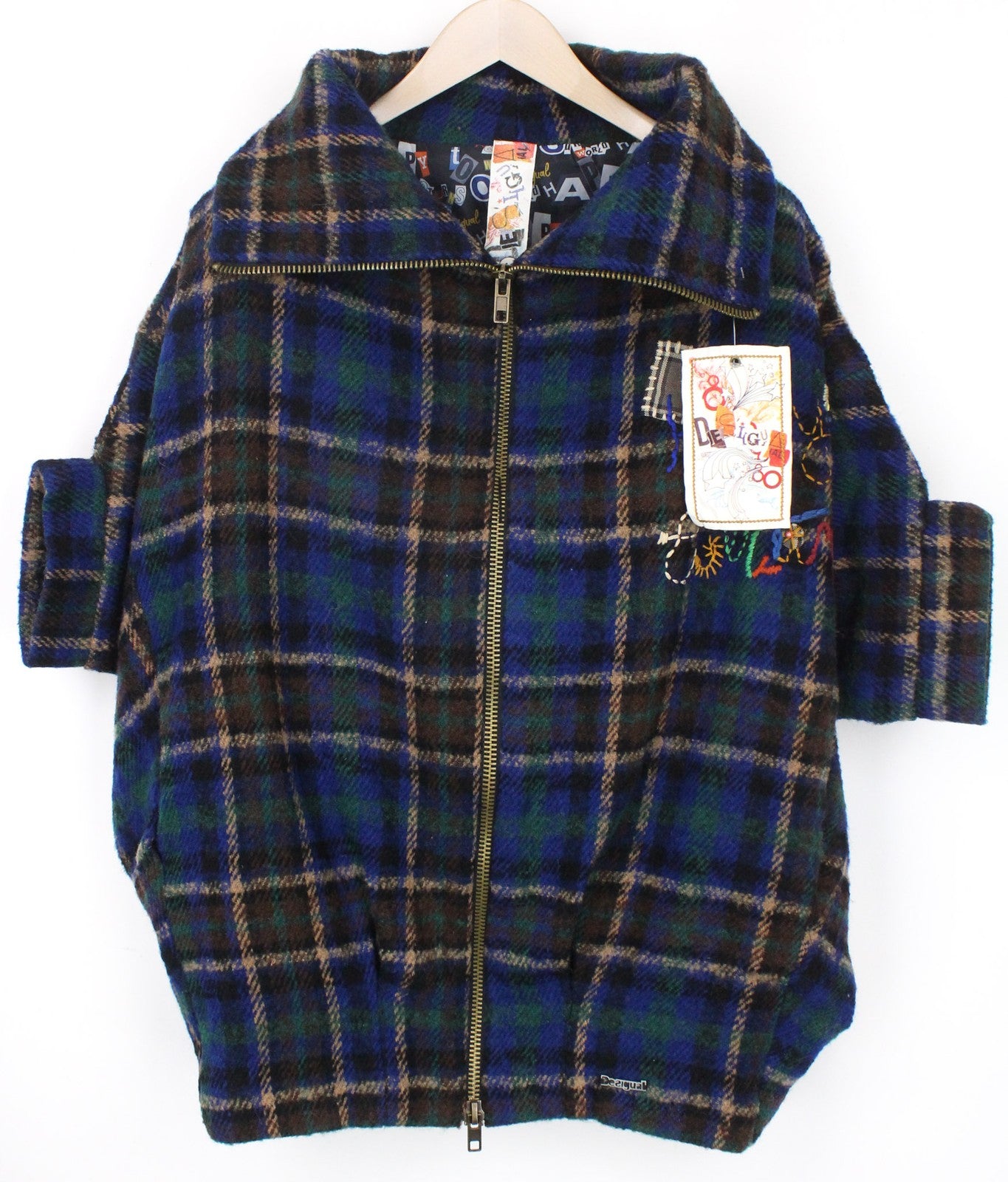 DESIGUAL moteriškas paltas, 40 dydžio, mėlynas tartano vilnos mišinio megztinis su siuvinėtu kimono raštu 