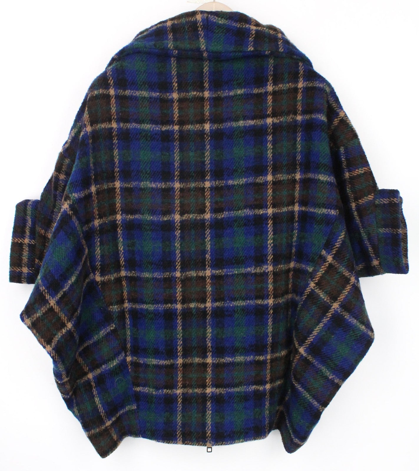 DESIGUAL moteriškas paltas, 40 dydžio, mėlynas tartano vilnos mišinio megztinis su siuvinėtu kimono raštu 