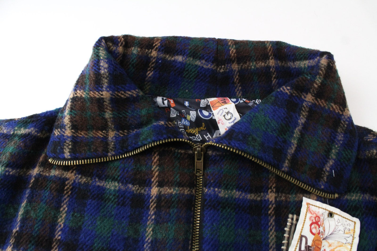 DESIGUAL moteriškas paltas, 40 dydžio, mėlynas tartano vilnos mišinio megztinis su siuvinėtu kimono raštu 