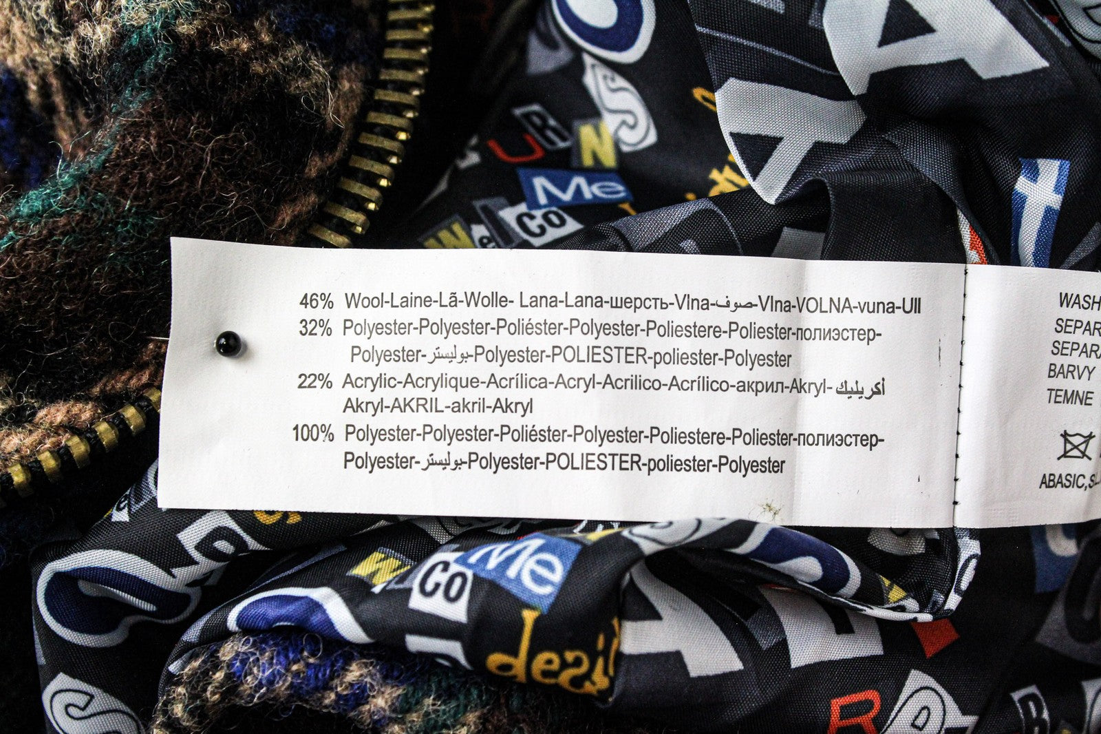 DESIGUAL moteriškas paltas, 40 dydžio, mėlynas tartano vilnos mišinio megztinis su siuvinėtu kimono raštu 