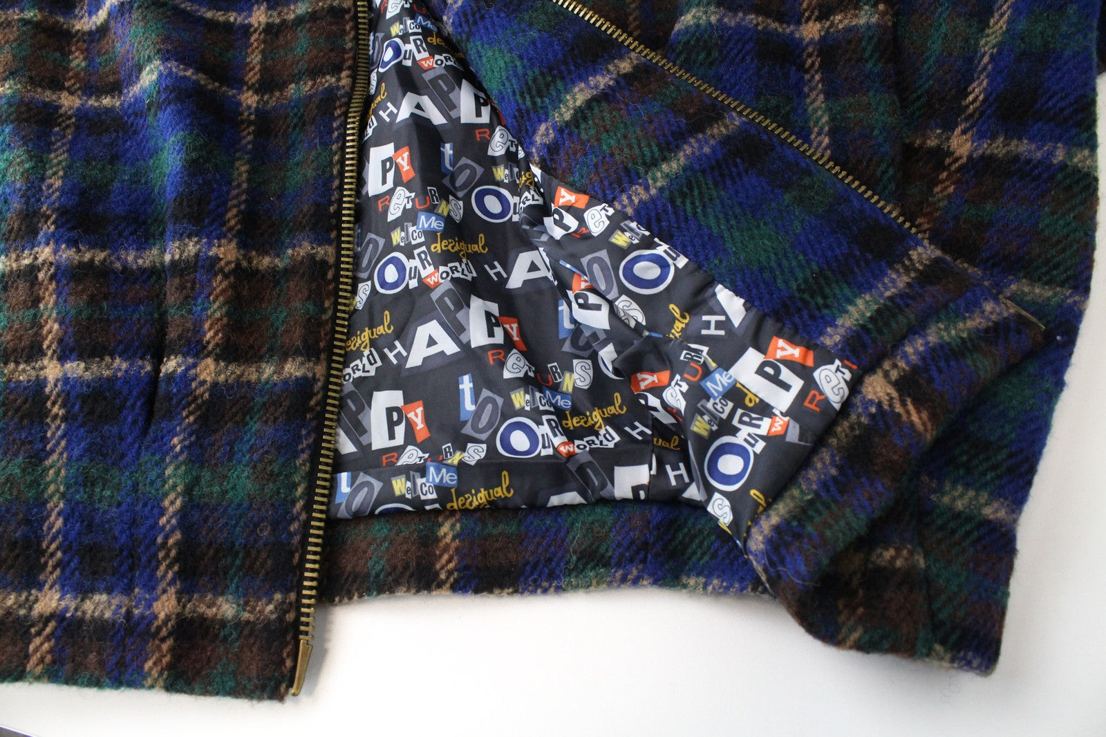 DESIGUAL moteriškas paltas, 40 dydžio, mėlynas tartano vilnos mišinio megztinis su siuvinėtu kimono raštu 