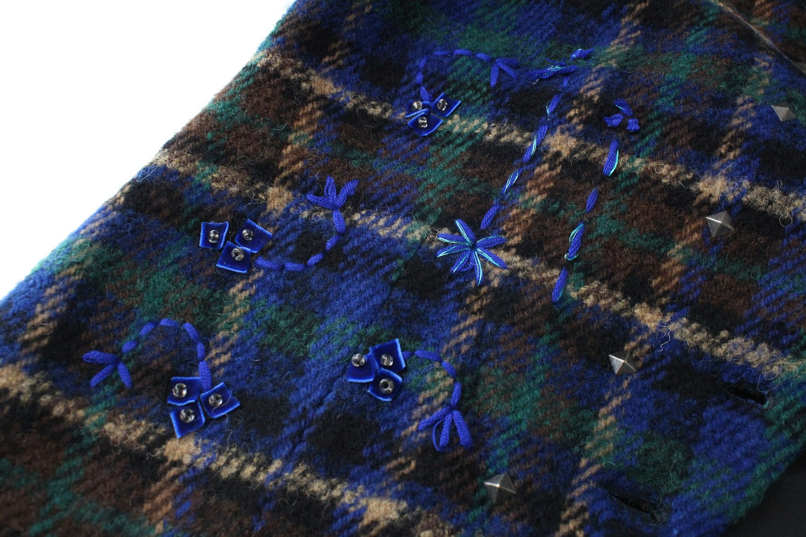 DESIGUAL Mula moteriškas paltas, 38 dydis, mėlynas languotas vilnos mišinio švarkas su siuvinėtu logotipu 