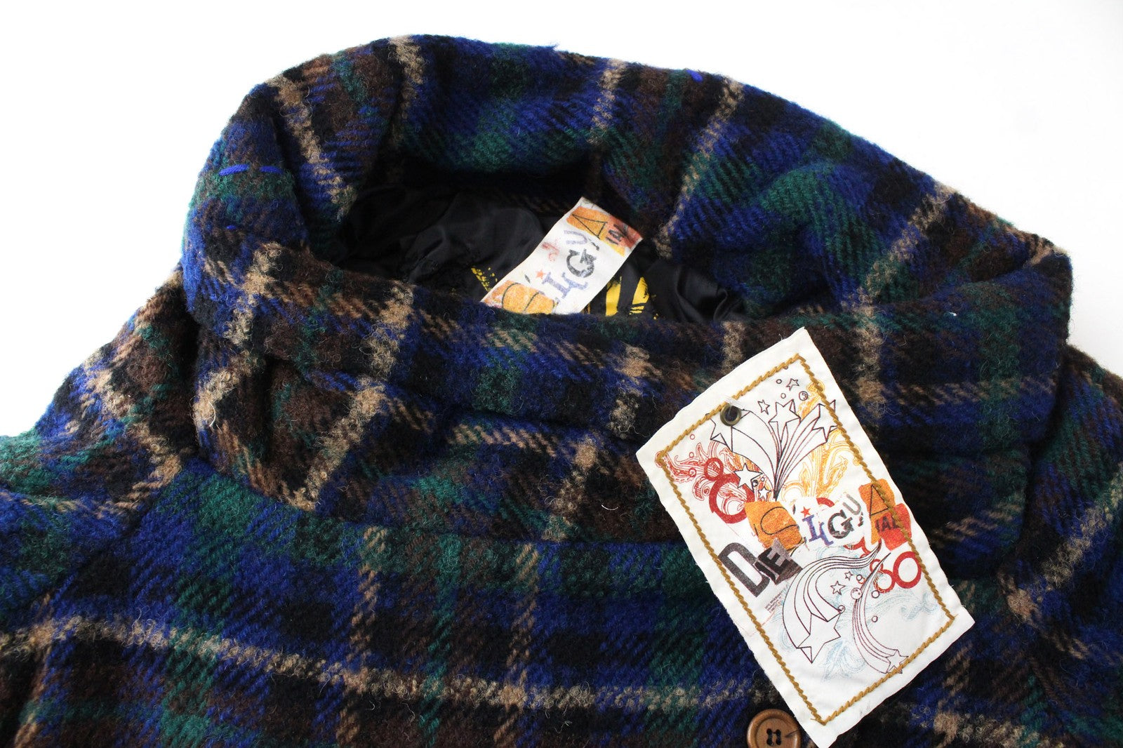 DESIGUAL Mula moteriškas paltas, 38 dydis, mėlynas languotas vilnos mišinio švarkas su siuvinėtu logotipu 