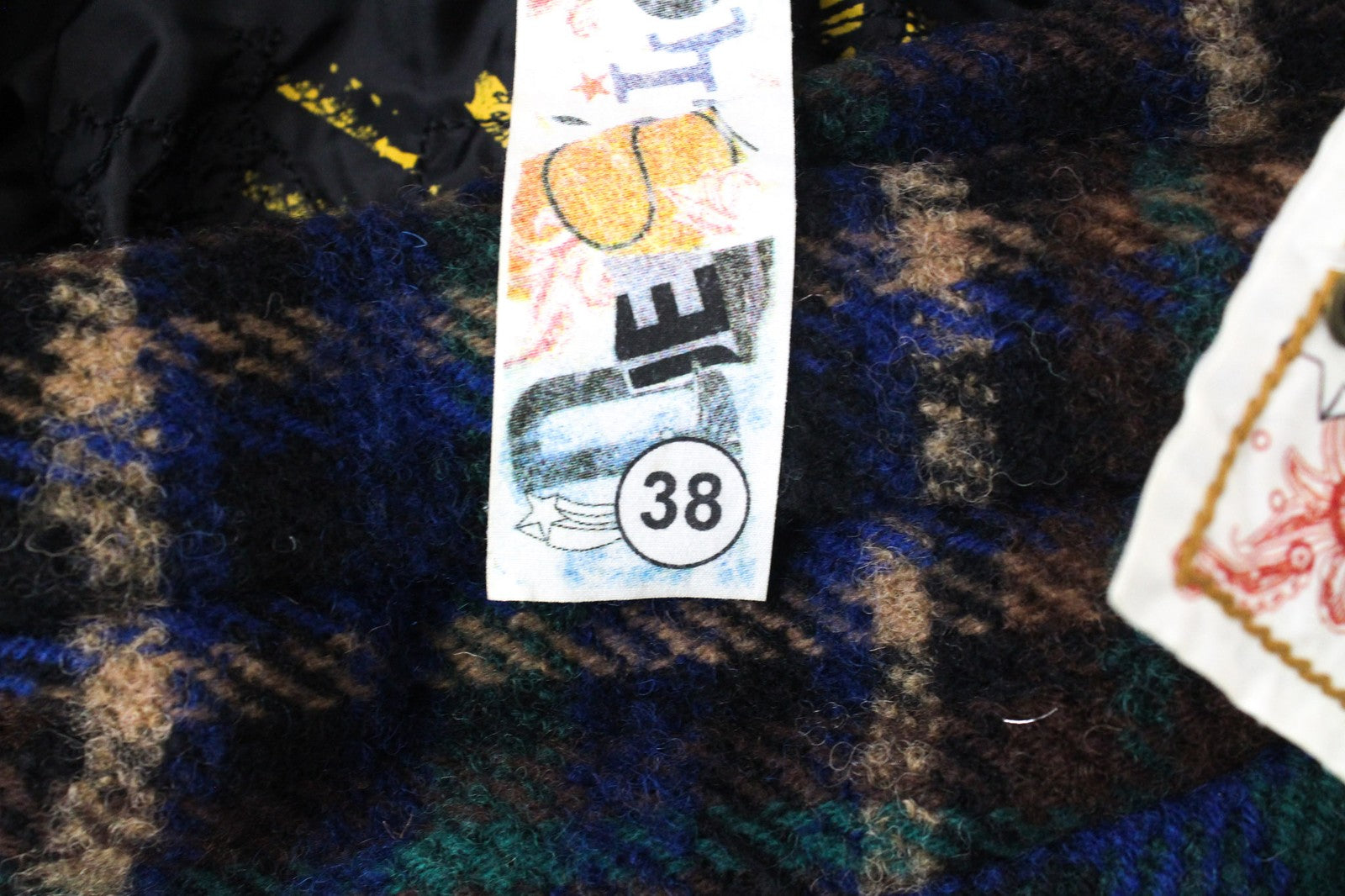 DESIGUAL Mula moteriškas paltas, 38 dydis, mėlynas languotas vilnos mišinio švarkas su siuvinėtu logotipu 