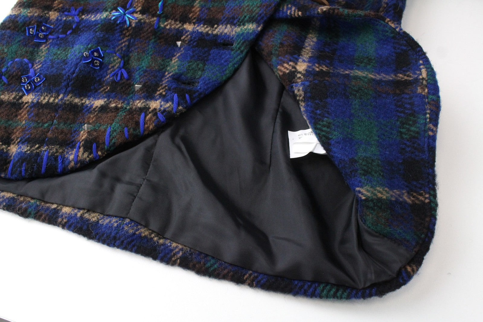 DESIGUAL Mula moteriškas paltas, 38 dydis, mėlynas languotas vilnos mišinio švarkas su siuvinėtu logotipu 