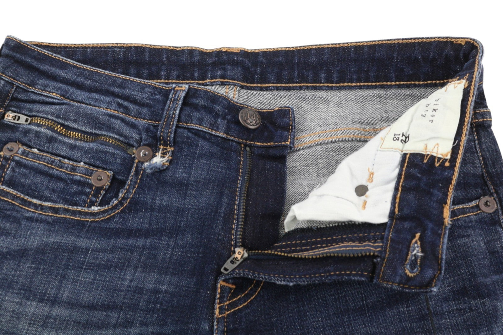 R13 baikerių berniukų moteriški džinsai, 27 Howell indigo spalvos, trumpi, aptempti, iki kulkšnių, išblukusios mėlynos spalvos. 