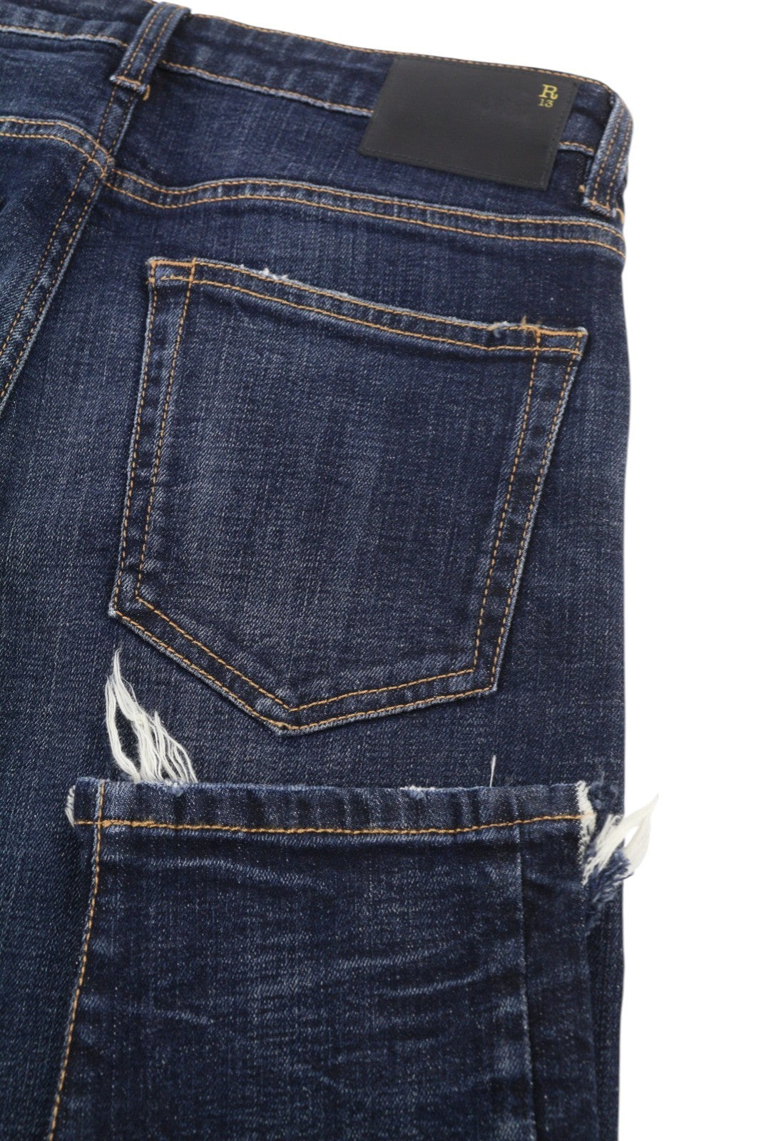 R13 baikerių berniukų moteriški džinsai, 27 Howell indigo spalvos, trumpi, aptempti, iki kulkšnių, išblukusios mėlynos spalvos. 