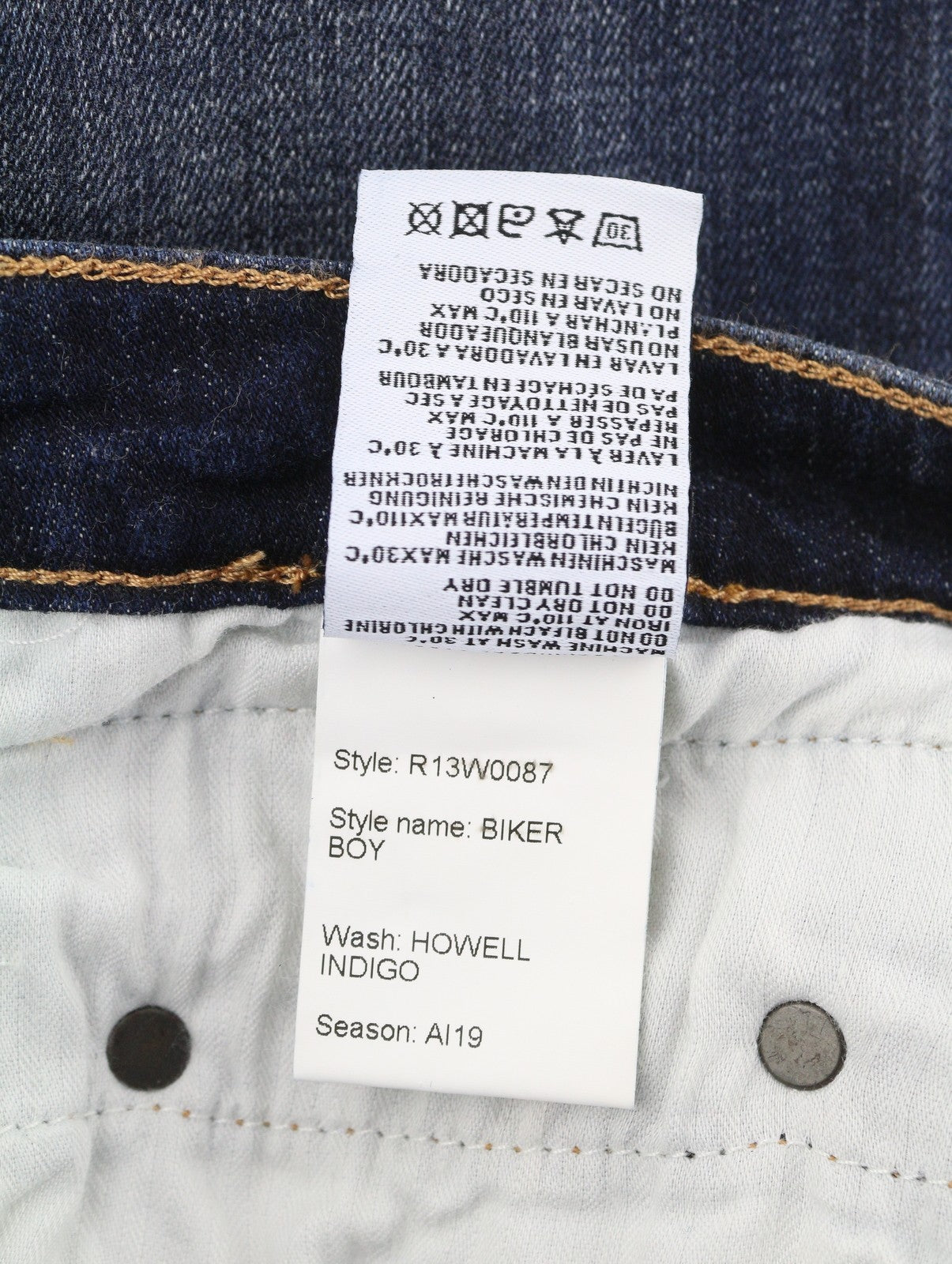 R13 baikerių berniukų moteriški džinsai, 27 Howell indigo spalvos, trumpi, aptempti, iki kulkšnių, išblukusios mėlynos spalvos. 