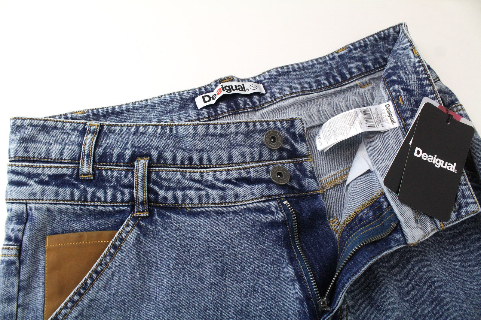 DESIGUAL Coll_Rep Men Jeans W34 Mid Blue Stretch Zip-Fly Patch Classic Denim