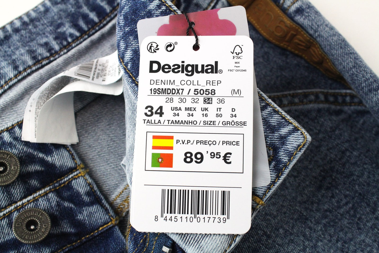 DESIGUAL Coll_Rep Men Jeans W34 Mid Blue Stretch Zip-Fly Patch Classic Denim