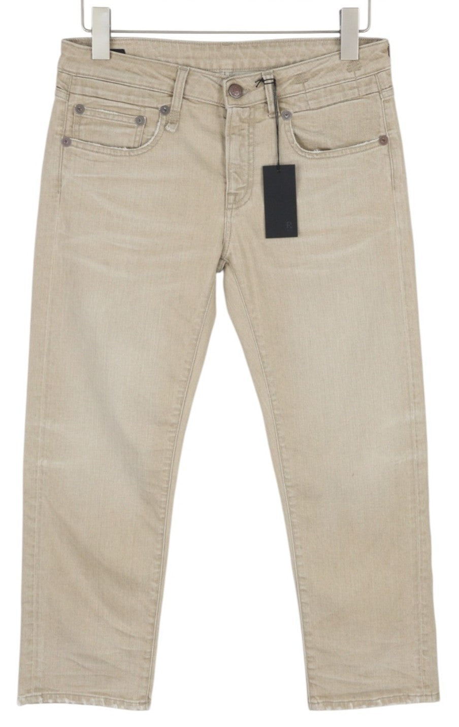 R13 berniukiški tiesūs moteriški džinsai 27 smėlio spalvos, tamprūs, trumpinti, iki kulkšnių, skalbtos rudos spalvos, RRP 549 € 