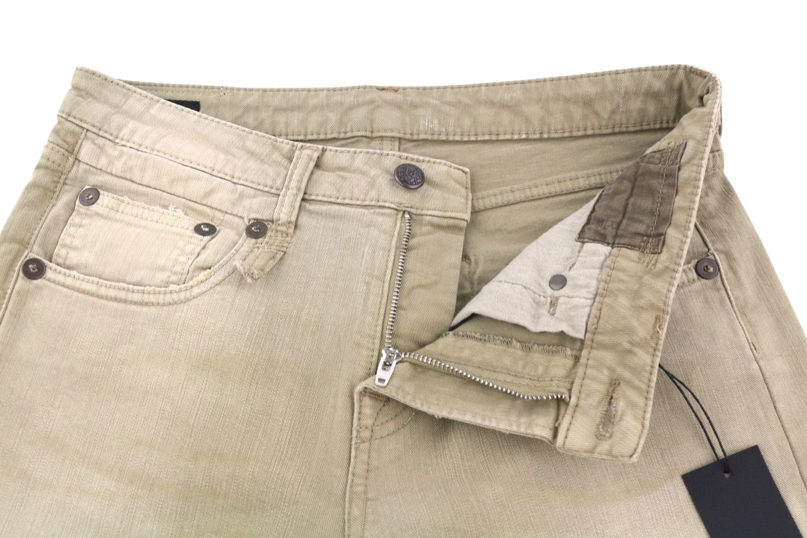 R13 berniukiški tiesūs moteriški džinsai 27 akmenukų ilgio, tamprūs, trumpinti, išblukintos rudos spalvos, rekomenduojama kaina – 695 € 