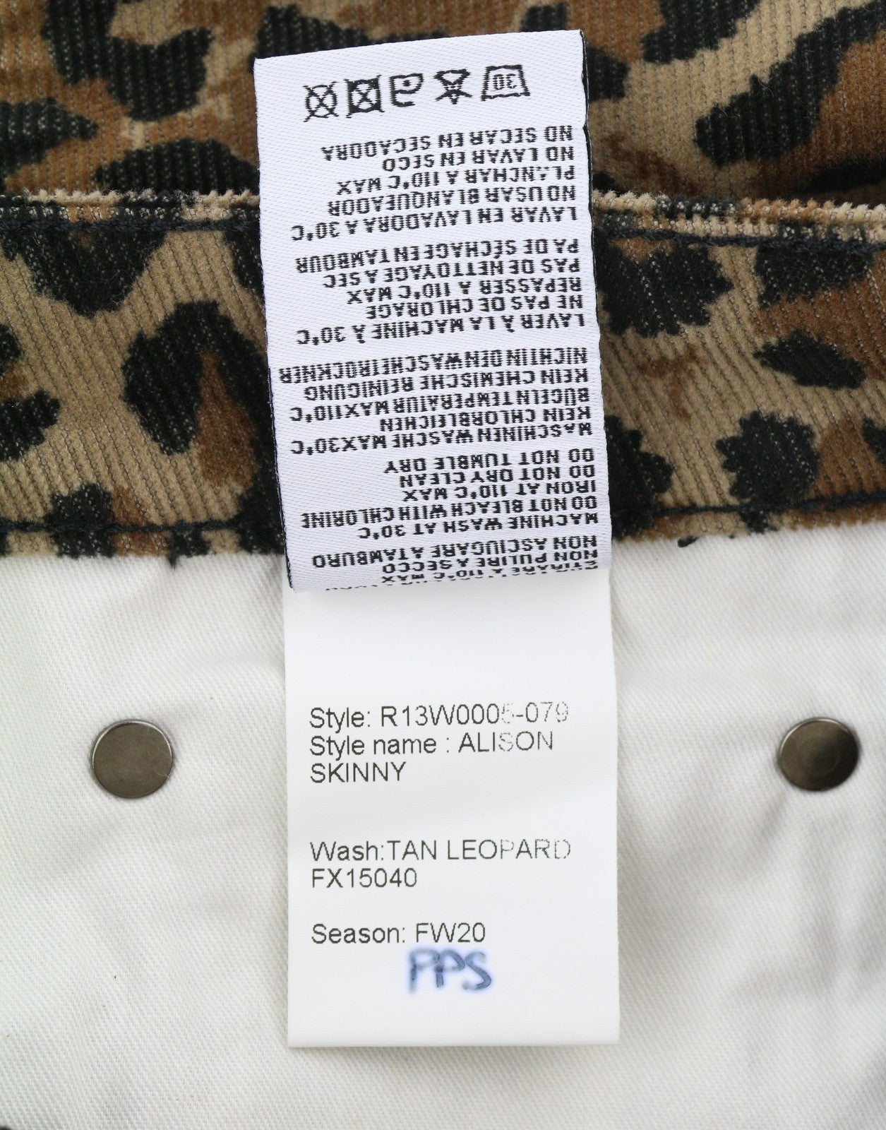 R13 Alison Skinny moteriškos kelnės 27 gelsvai rudos leopardo rašto iki kulkšnių velveto rudos spalvos