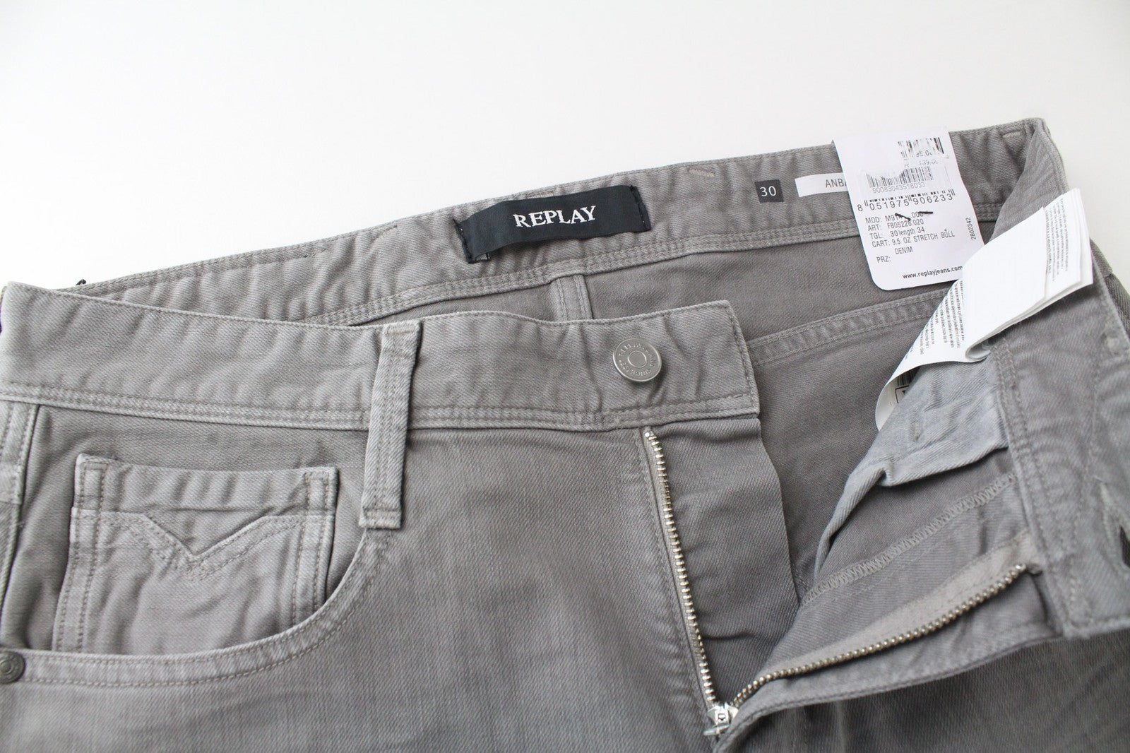 REPLAY Anbass vyriški džinsai W30/L34 ploni pilki tamprūs medvilniniai džinsiniai kelnės su 5 kišenėmis 