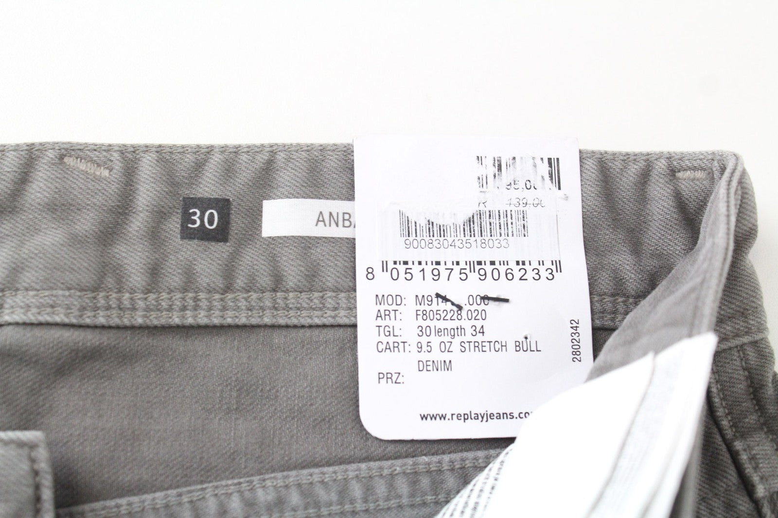 REPLAY Anbass vyriški džinsai W30/L34 ploni pilki tamprūs medvilniniai džinsiniai kelnės su 5 kišenėmis 