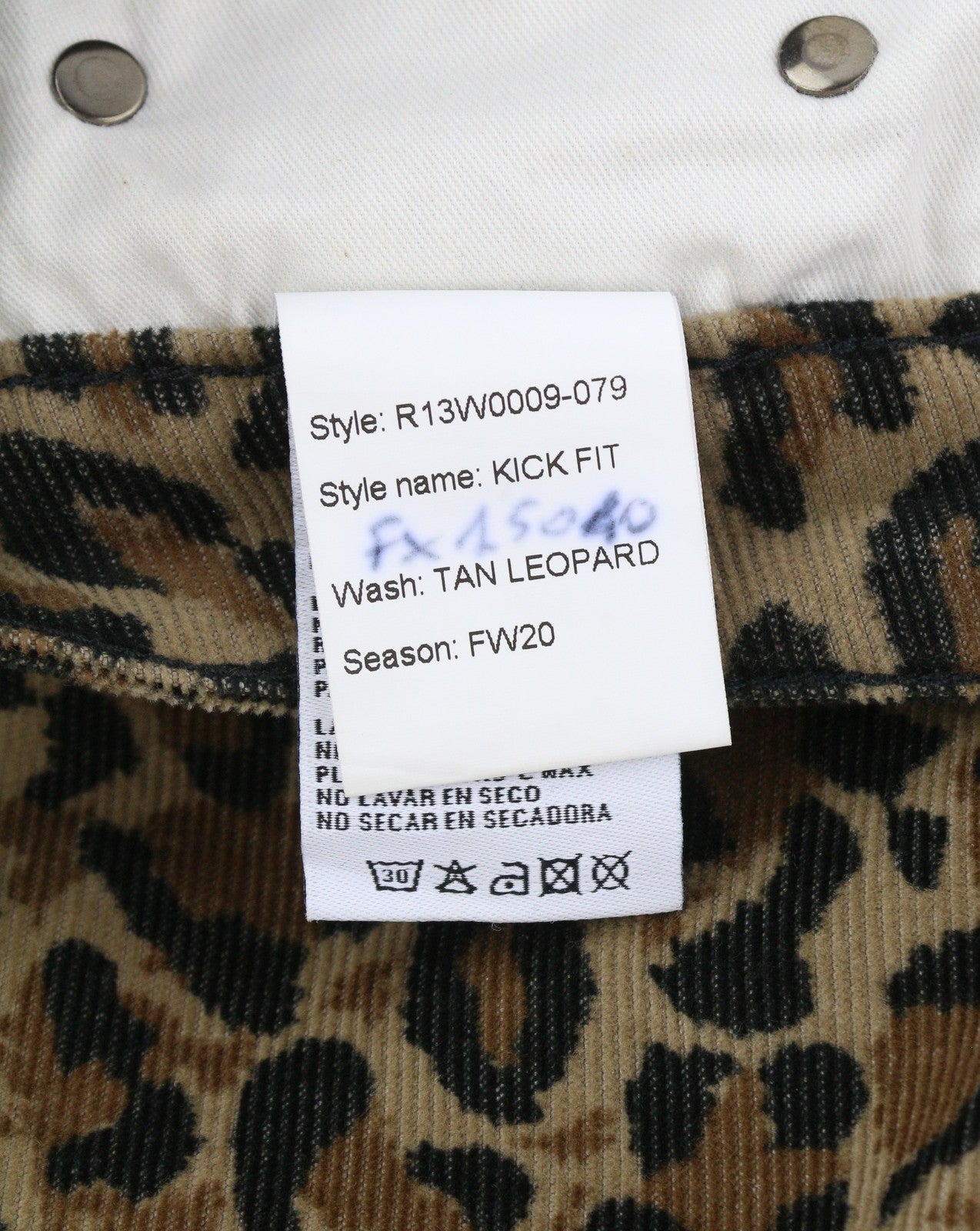 R13 Kick Fit moteriškos kelnės 27 gelsvai rudos leopardo rašto, aptemptos, platėjančios, iki kulkšnių, rudos 