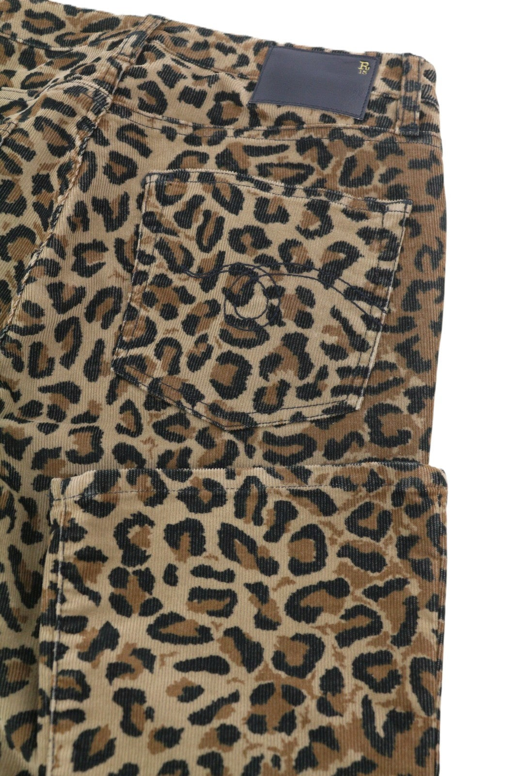 R13 Kick Fit moteriškos kelnės 27 gelsvai rudos leopardo rašto, aptemptos, platėjančios, iki kulkšnių, rudos 