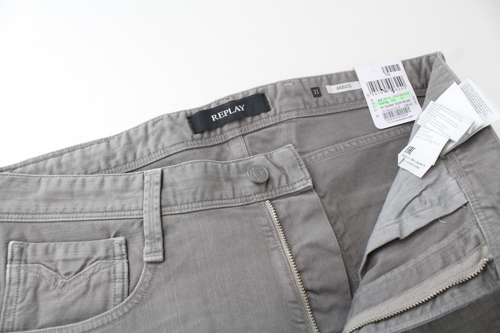 REPLAY Anbass vyriški džinsai W31/L34 pilki, ploni, tamprūs, laisvalaikio stiliaus, džinsiniai 