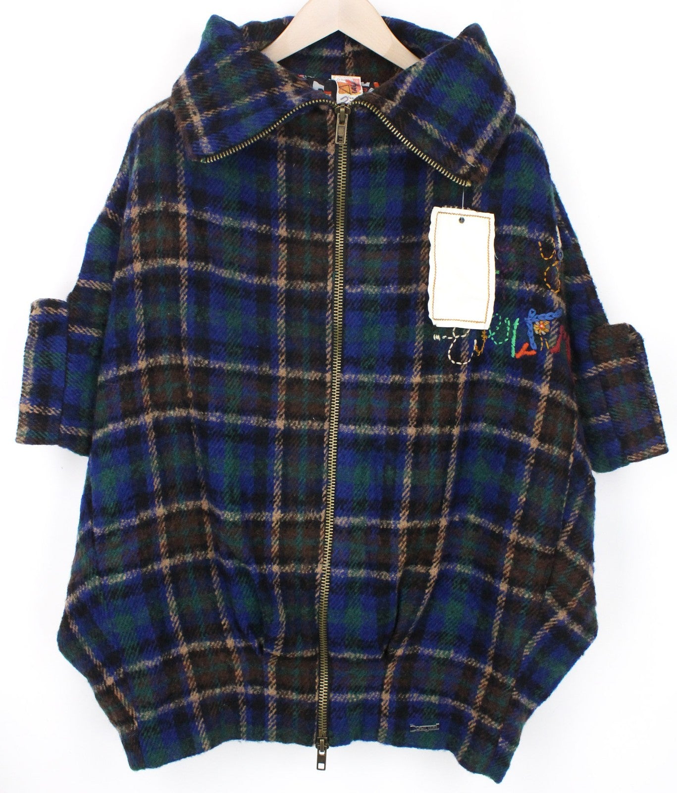 DESIGUAL moteriškas paltas EU42 mėlynas tartanas didelis kimono stiliaus vilnos mišinio paltas 