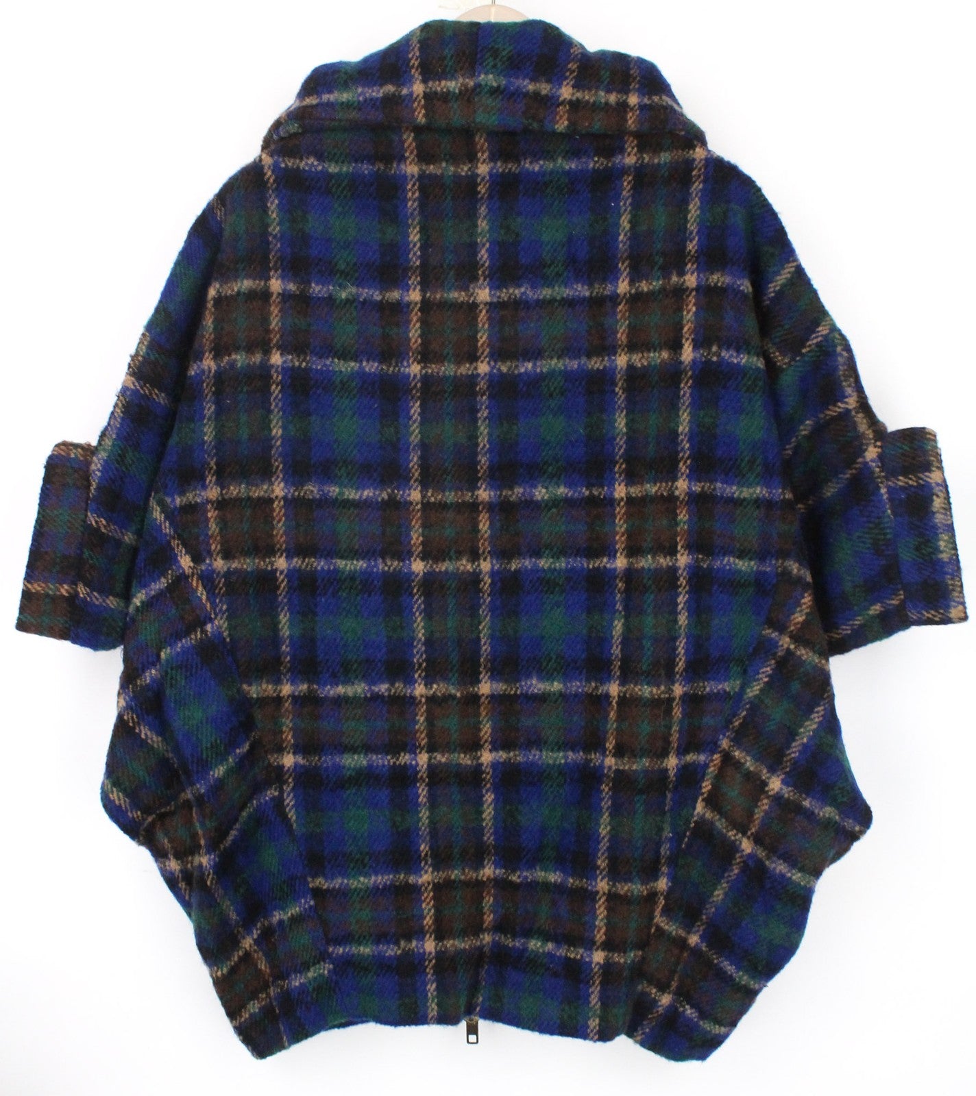 DESIGUAL moteriškas paltas EU42 mėlynas tartanas didelis kimono stiliaus vilnos mišinio paltas 