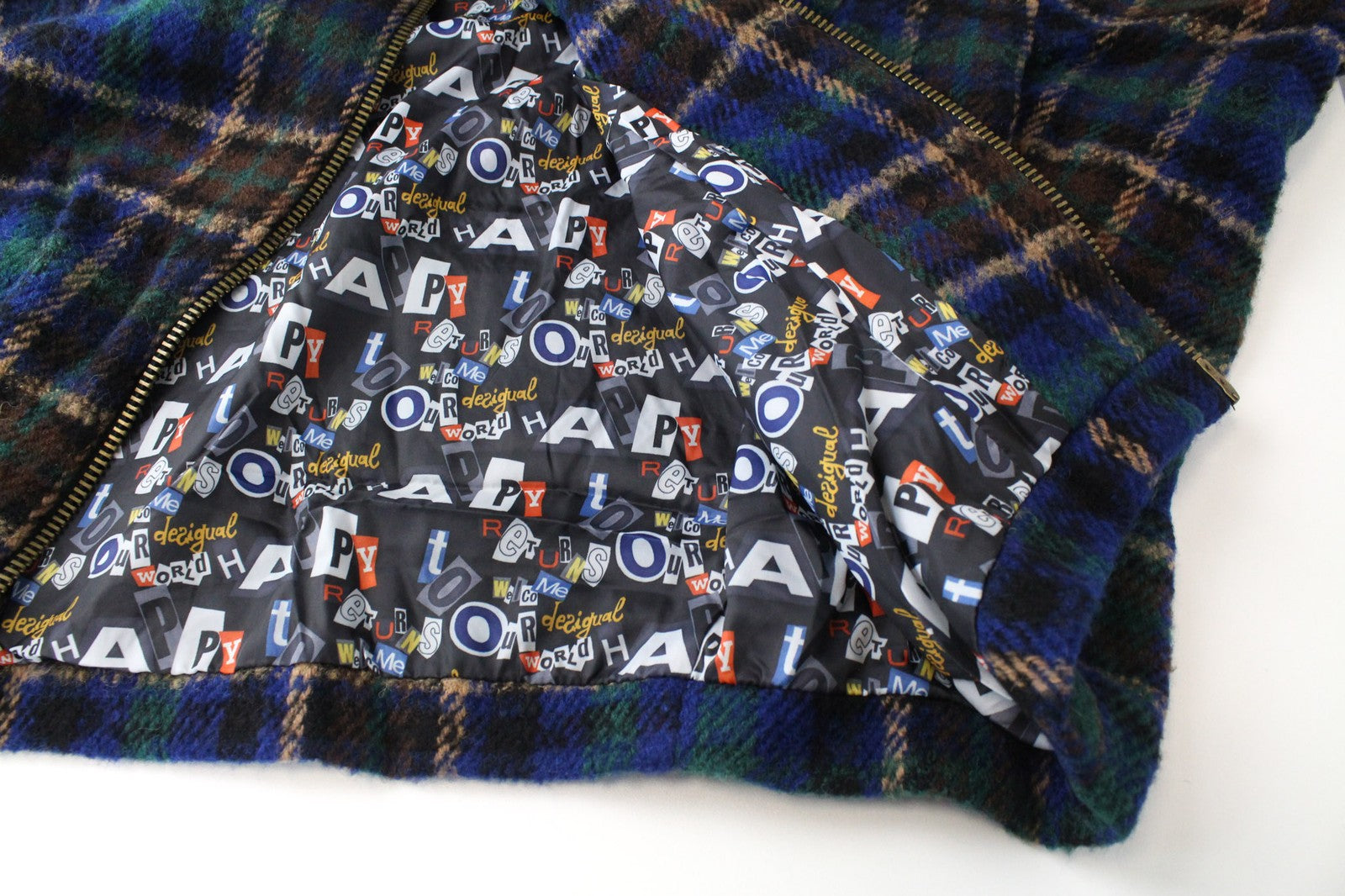 DESIGUAL moteriškas paltas EU42 mėlynas tartanas didelis kimono stiliaus vilnos mišinio paltas 