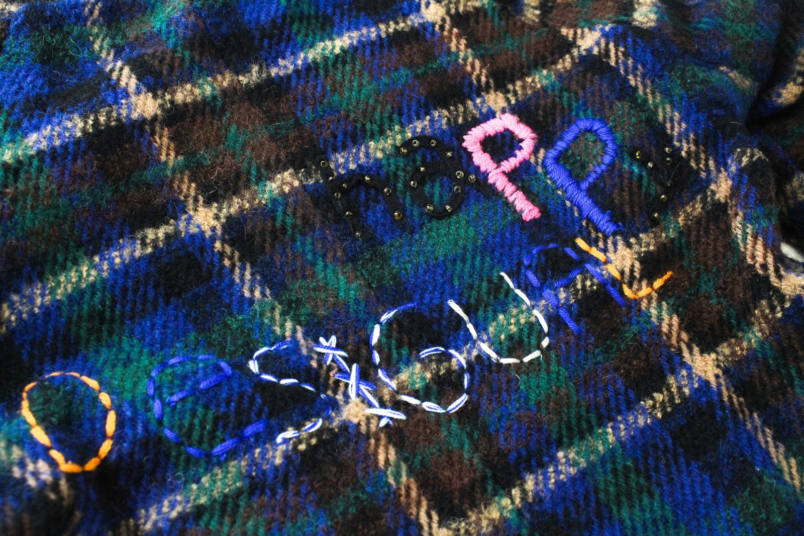 DESIGUAL moteriškas švarkas 38 mėlynai žalias vilnos mišinio siuvinėtas languotas laisvalaikio paltas 