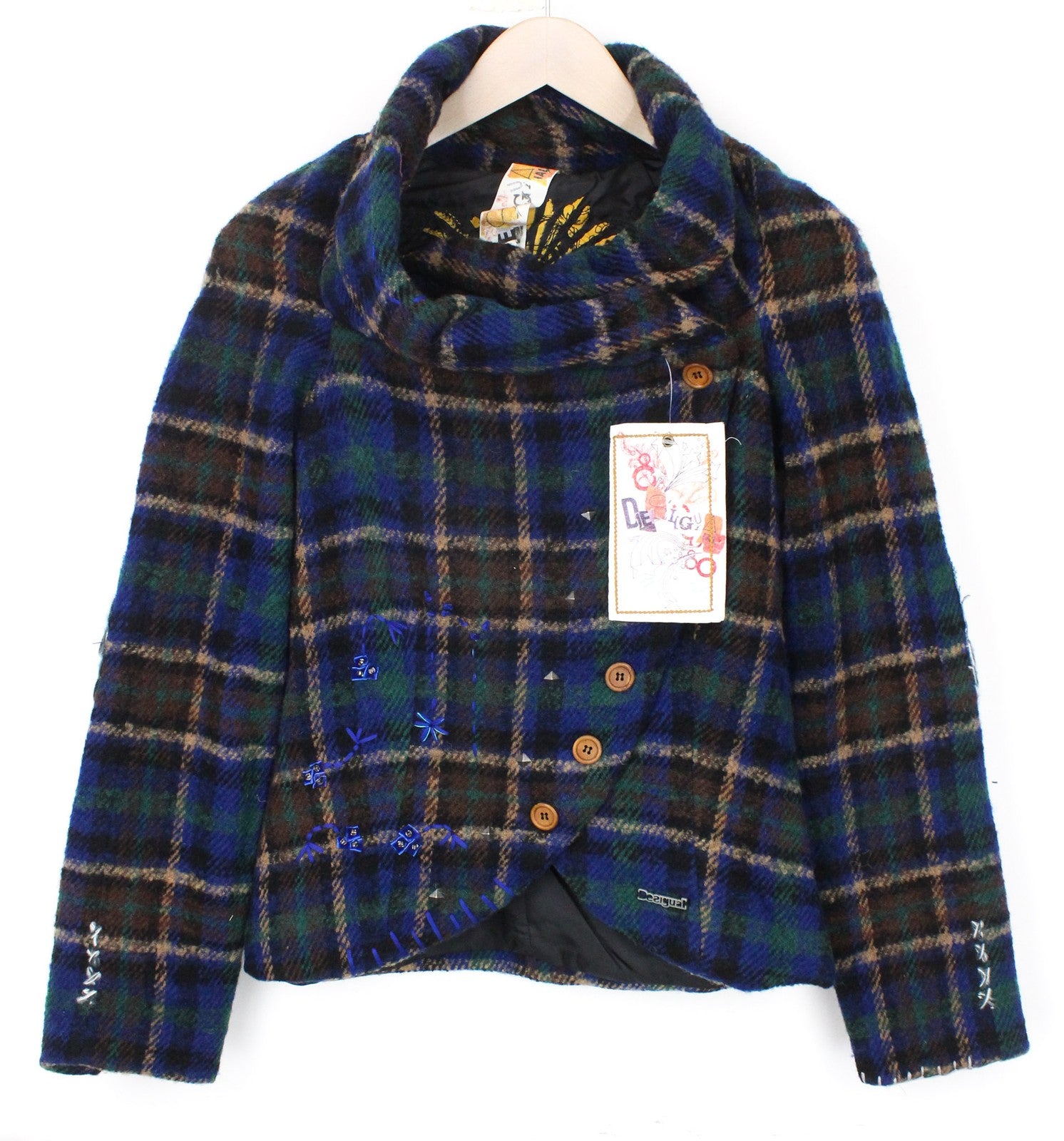 DESIGUAL moteriškas švarkas 38 mėlynai žalias vilnos mišinio siuvinėtas languotas laisvalaikio paltas 