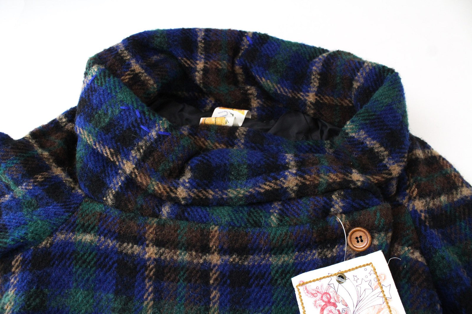 DESIGUAL moteriškas švarkas 38 mėlynai žalias vilnos mišinio siuvinėtas languotas laisvalaikio paltas 