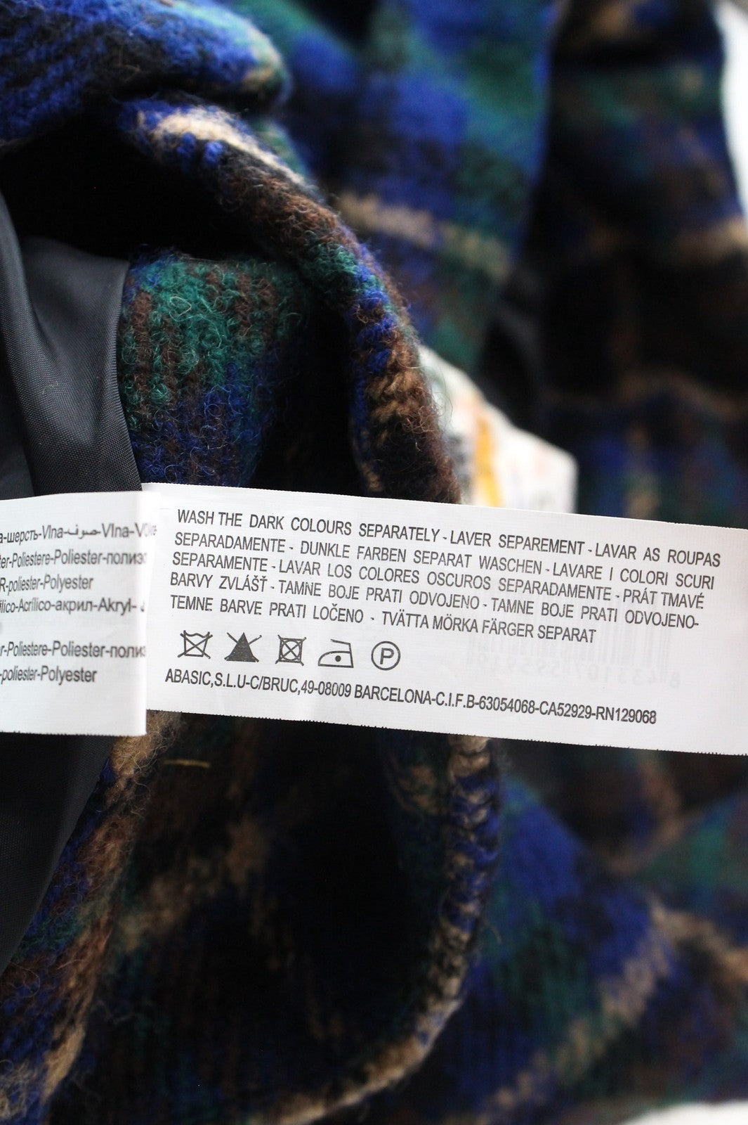 DESIGUAL moteriškas švarkas 38 mėlynai žalias vilnos mišinio siuvinėtas languotas laisvalaikio paltas 