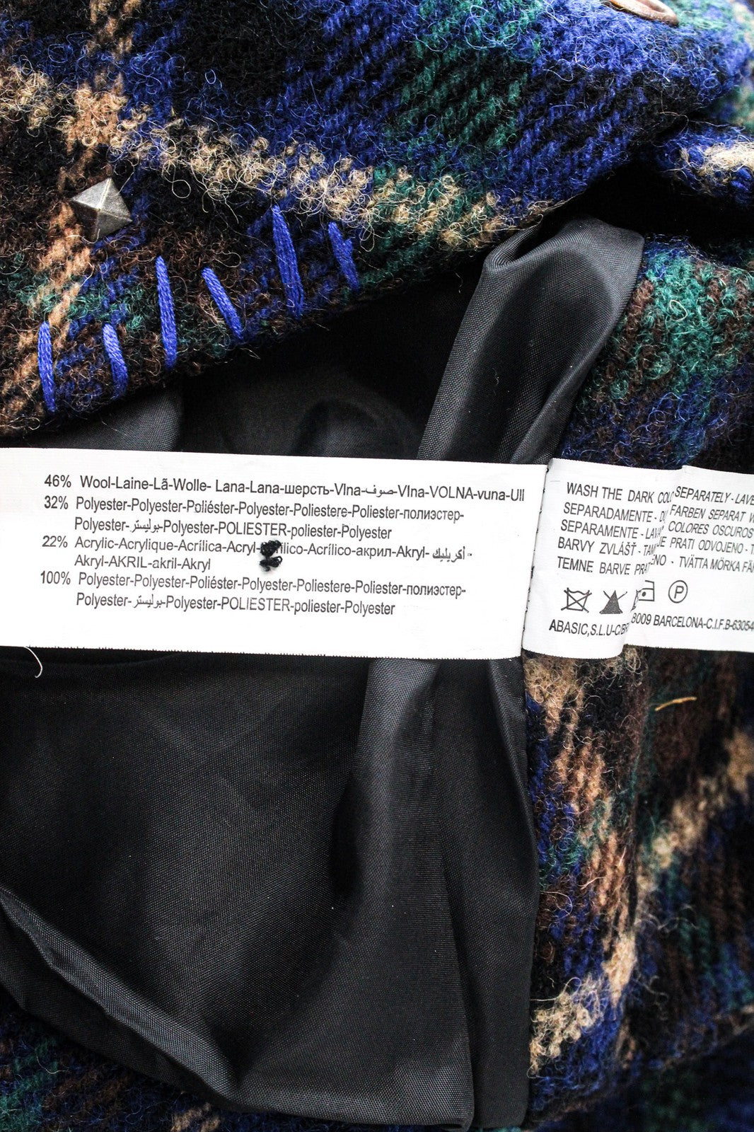 DESIGUAL moteriškas švarkas 38 mėlynai žalias vilnos mišinio siuvinėtas languotas laisvalaikio paltas 