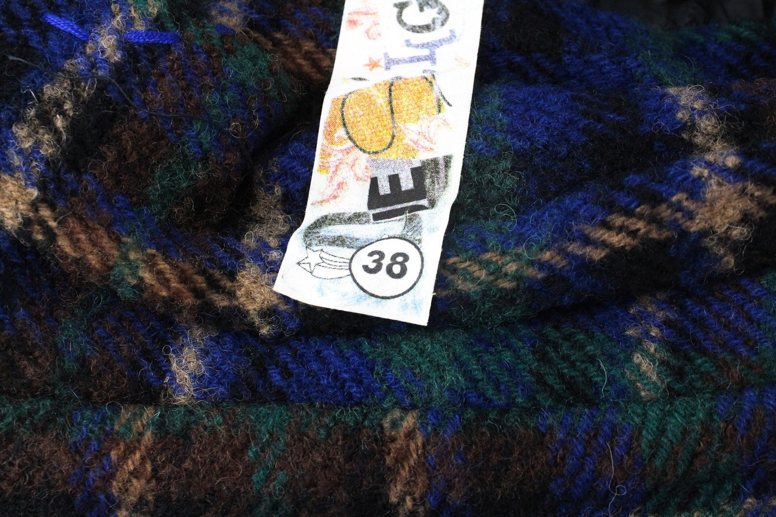 DESIGUAL moteriškas švarkas 38 mėlynai žalias vilnos mišinio siuvinėtas languotas laisvalaikio paltas 