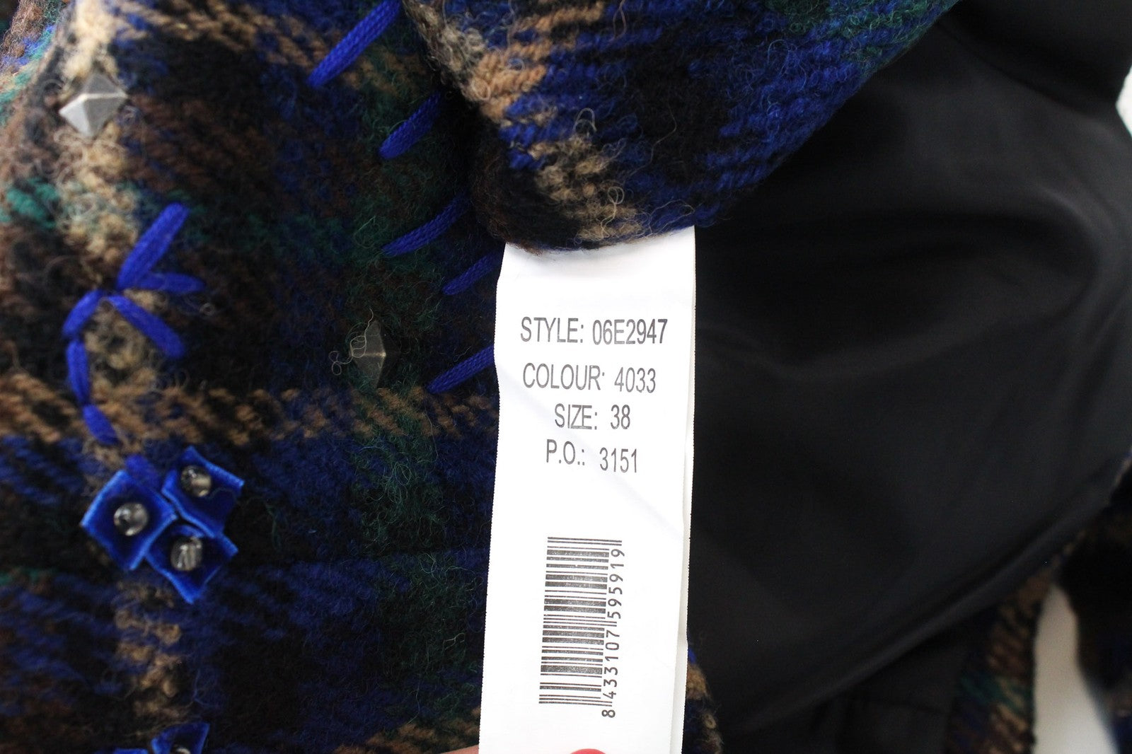 DESIGUAL moteriškas švarkas 38 mėlynai žalias vilnos mišinio siuvinėtas languotas laisvalaikio paltas 