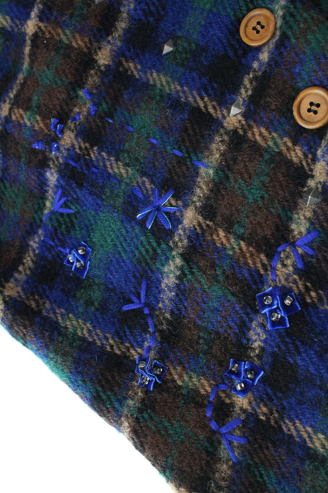 DESIGUAL moteriškas švarkas 38 mėlynai žalias vilnos mišinio siuvinėtas languotas laisvalaikio paltas 