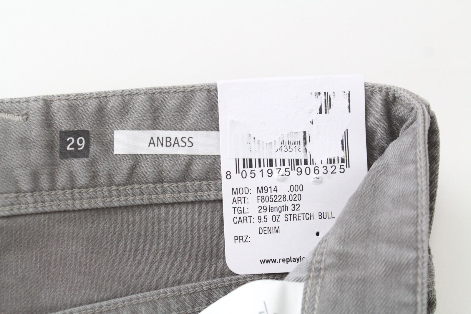 REPLAY Anbass vyriški džinsai W29/L32 Slim pilki medvilniniai džinsai su 5 kišenėmis, tamprūs, laisvalaikio kirpimas 