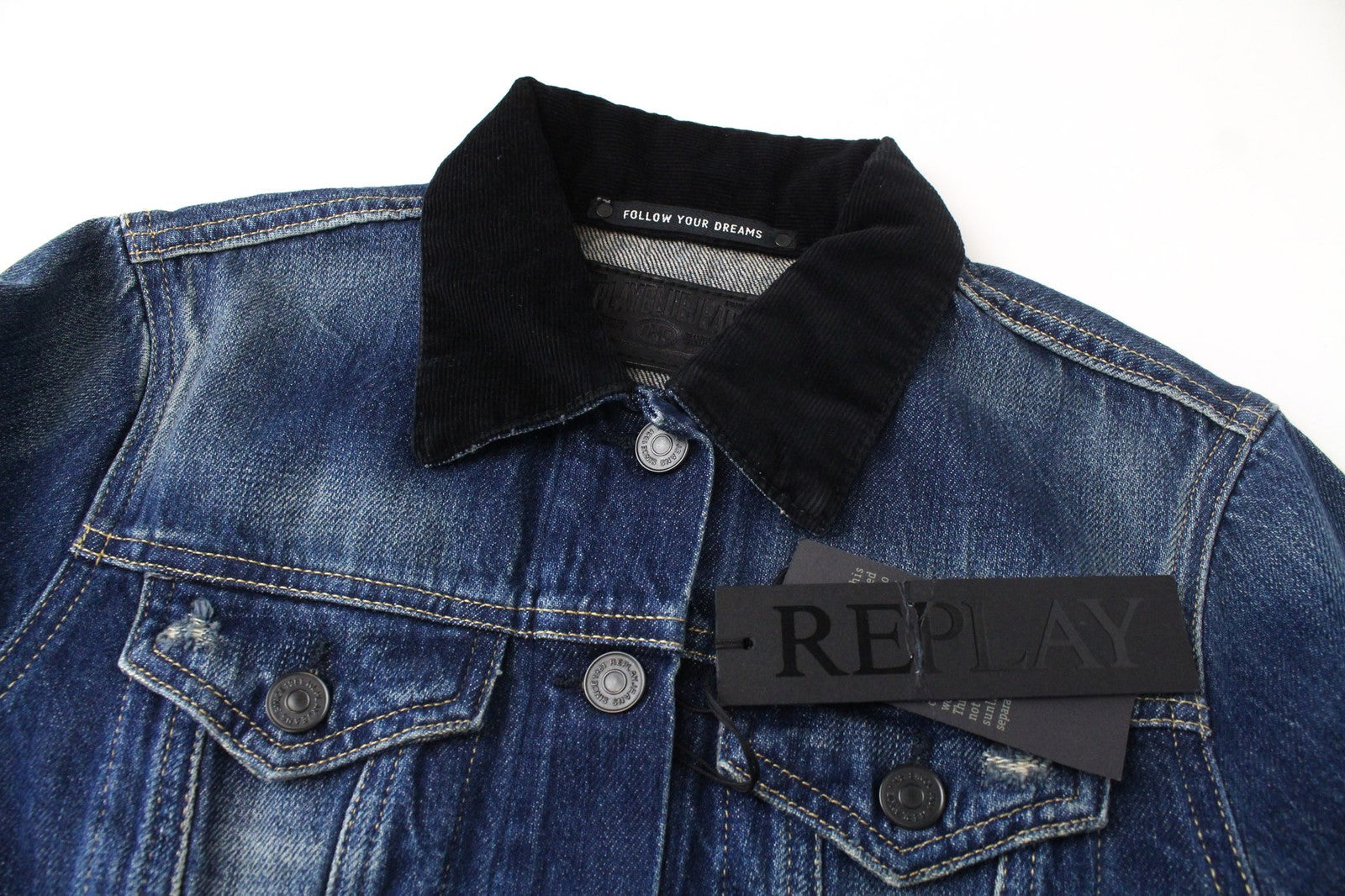 REPLAY moteriškas švarkas XS mėlynas medvilninis trumpintas ilgomis rankovėmis džinsinis paltas 