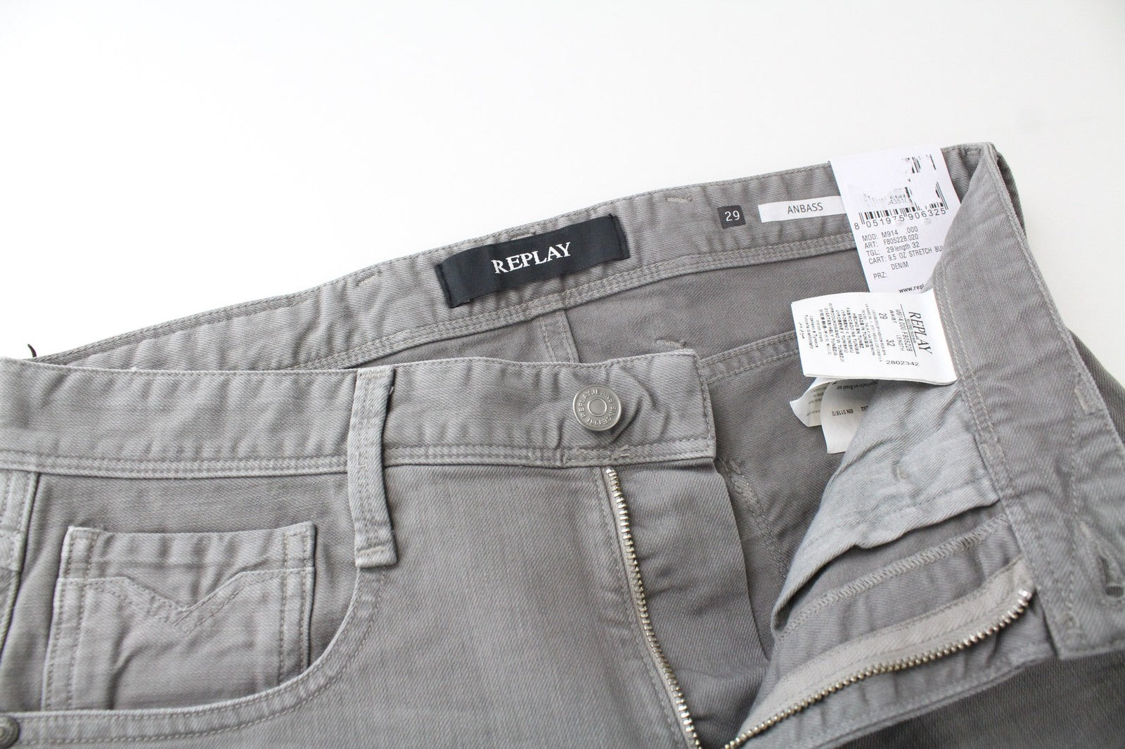 REPLAY Anbass vyriški džinsai W29/L32 ploni pilki tamprūs medvilniniai laisvalaikio džinsiniai kelnės 