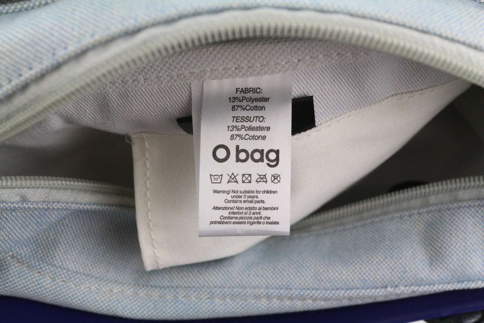 O BAG Chic moteriškas krepšys OS mėlynas dvigubomis rankenomis vidinis krepšys su kvadratiniu logotipu 