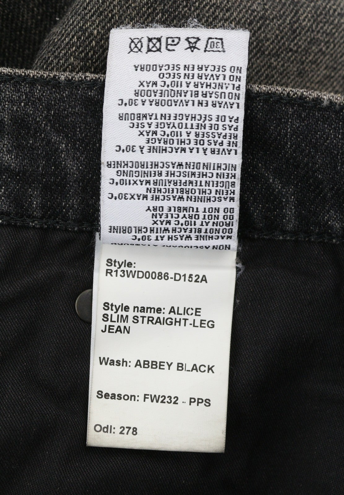 R13 Alice Slim tiesaus kirpimo moteriški džinsai 27 Abbey Black išblukintos plaukiojančios užtrauktuku 