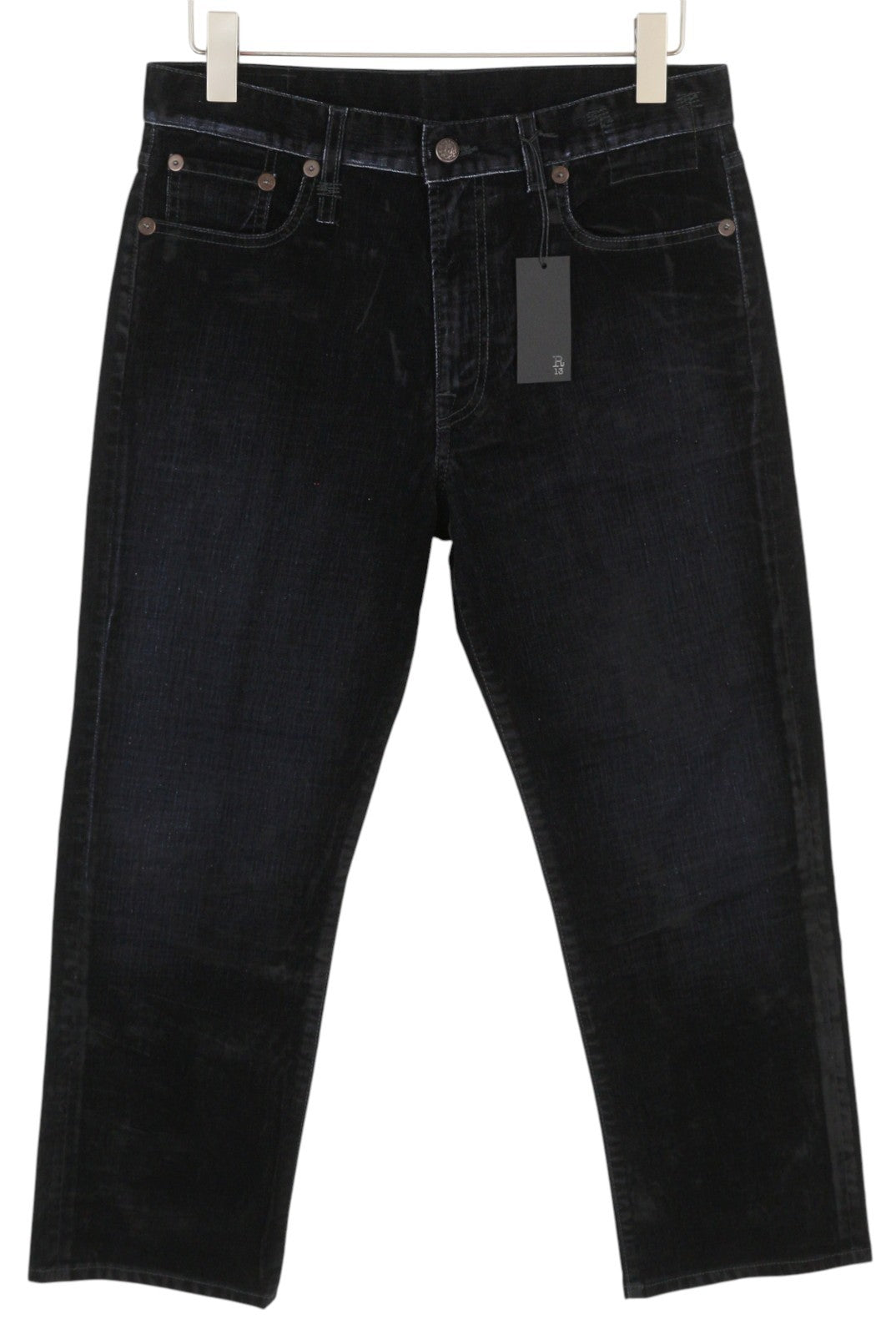 R13 Romeo moteriškos kelnės 29 su pūkuotomis juodomis aksominėmis kelnėmis iki kulkšnių, trumpomis tiesiomis užtrauktuku. 