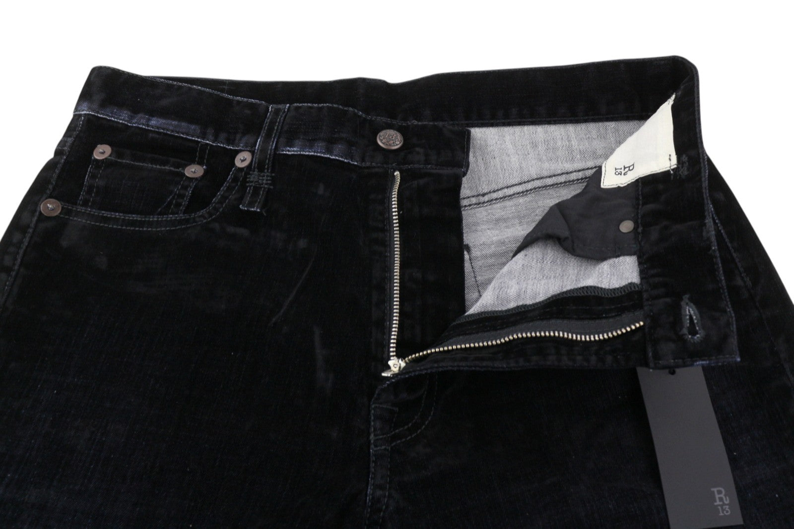 R13 Romeo moteriškos kelnės 29 su pūkuotomis juodomis aksominėmis kelnėmis iki kulkšnių, trumpomis tiesiomis užtrauktuku. 