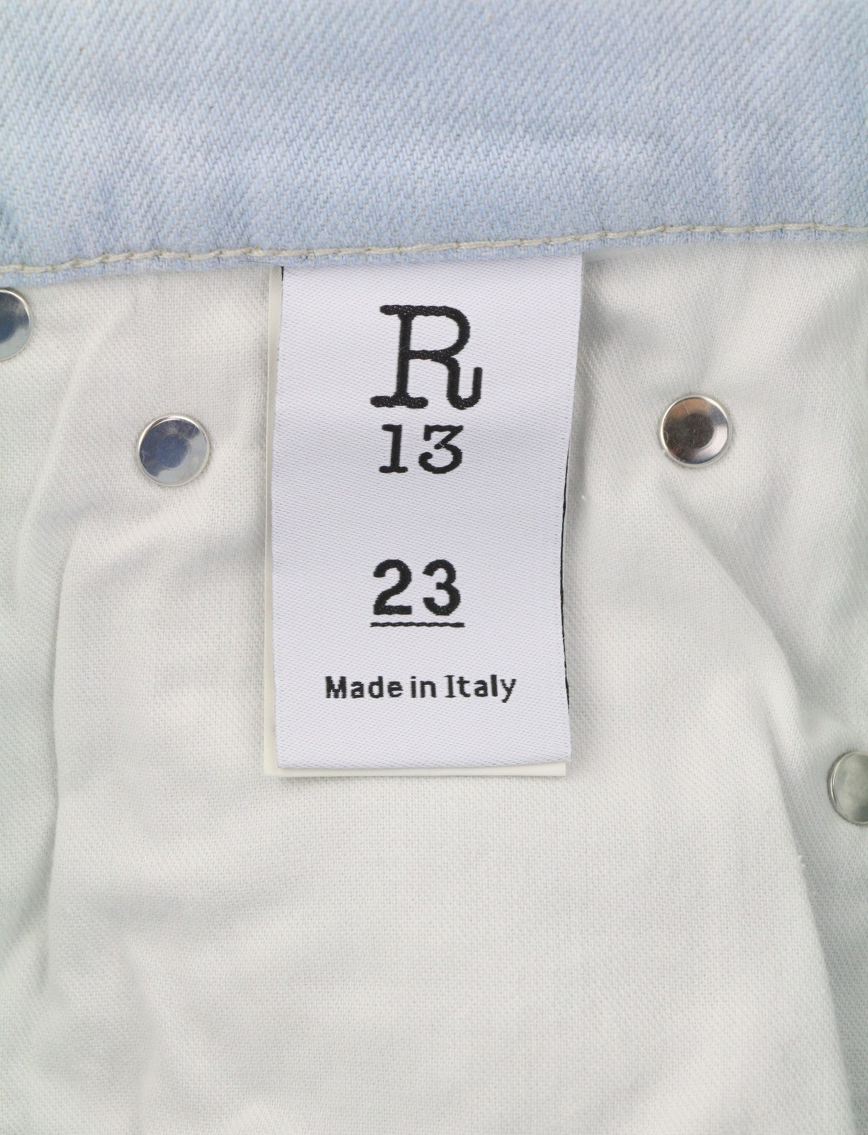 R13 Damon klostuoti mėlyni moteriški džinsai 23 išblukintos mėlynos spalvos tamprios, skalbtos plačios klešnės RRP 595 € 