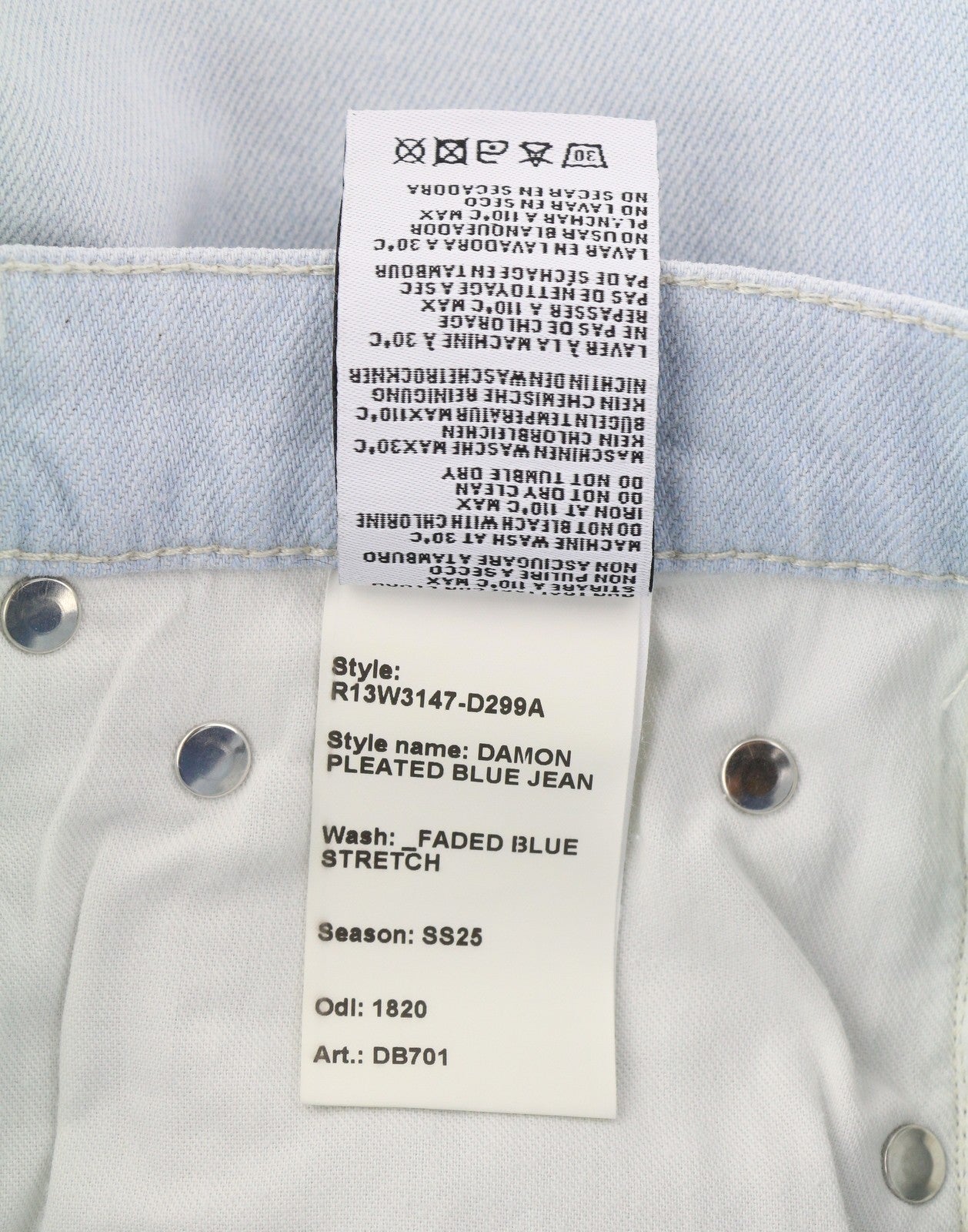 R13 Damon klostuoti mėlyni moteriški džinsai 23 išblukintos mėlynos spalvos tamprios, skalbtos plačios klešnės RRP 595 € 