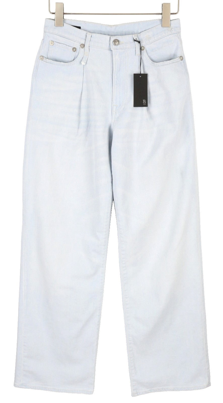 R13 Damon klostuoti mėlyni moteriški džinsai 23 išblukintos mėlynos spalvos tamprios, skalbtos plačios klešnės RRP 595 € 