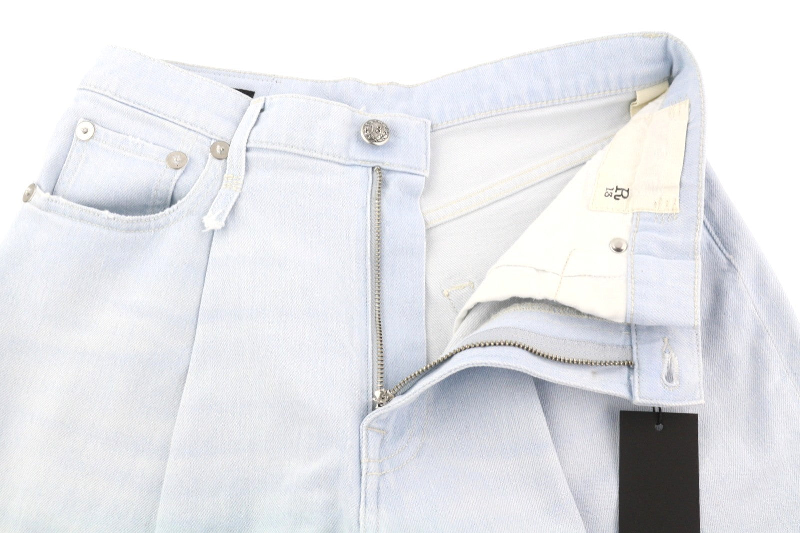 R13 Damon klostuoti mėlyni moteriški džinsai 23 išblukintos mėlynos spalvos tamprios, skalbtos plačios klešnės RRP 595 € 