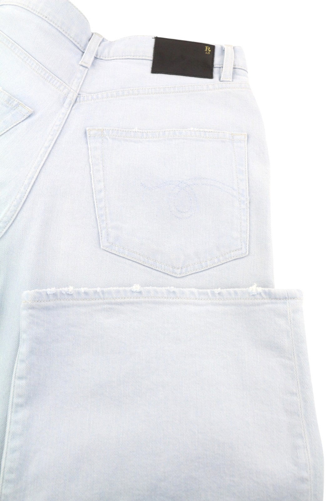 R13 Damon klostuoti mėlyni moteriški džinsai 23 išblukintos mėlynos spalvos tamprios, skalbtos plačios klešnės RRP 595 € 