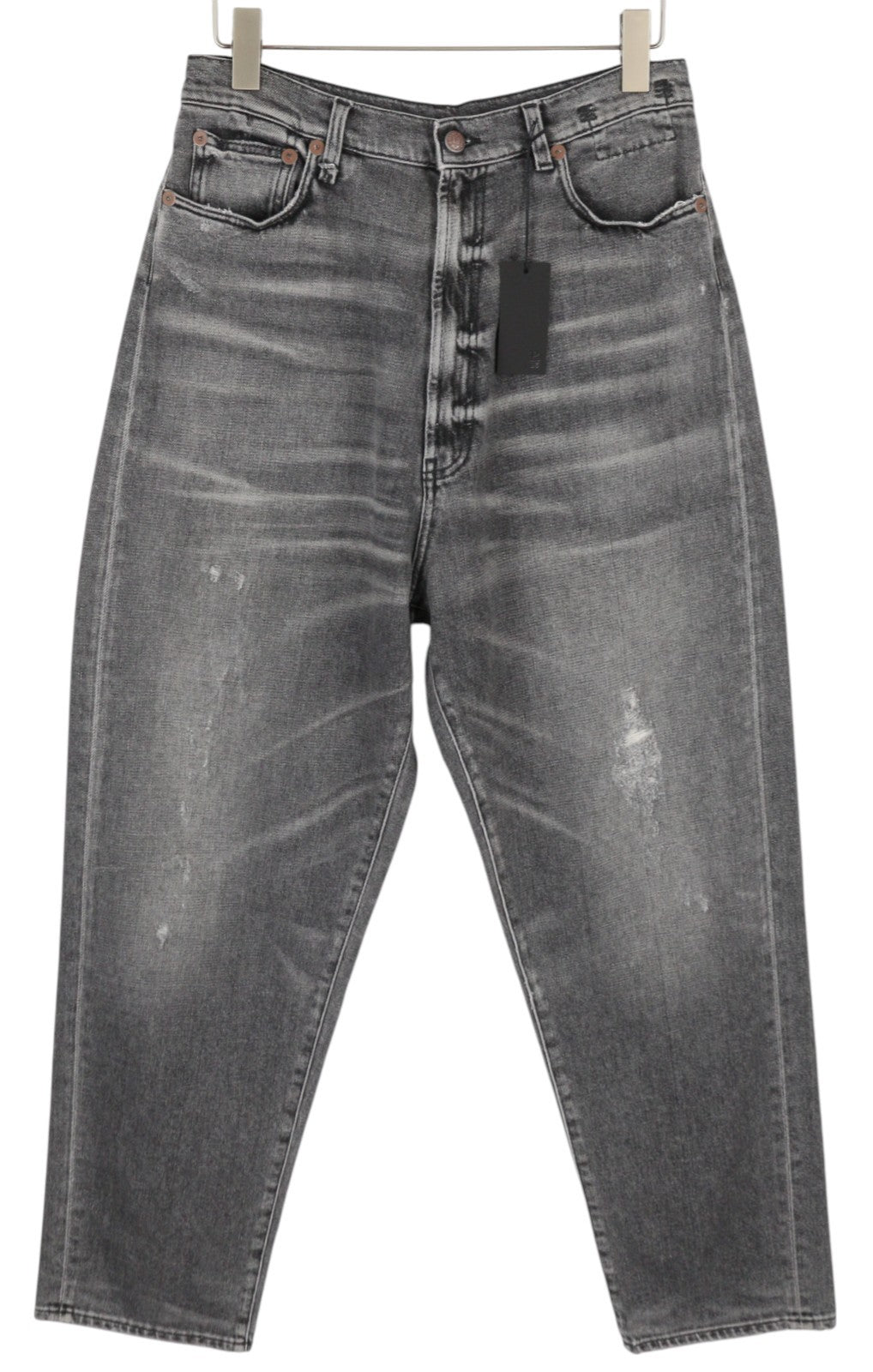 R13 Jennie siaurėjančios moteriškos džinsinės kelnės, 27 vnt., pilkos, skalbtos, plėšytos, suplėšytos odos imitacija. RMK 540 € 