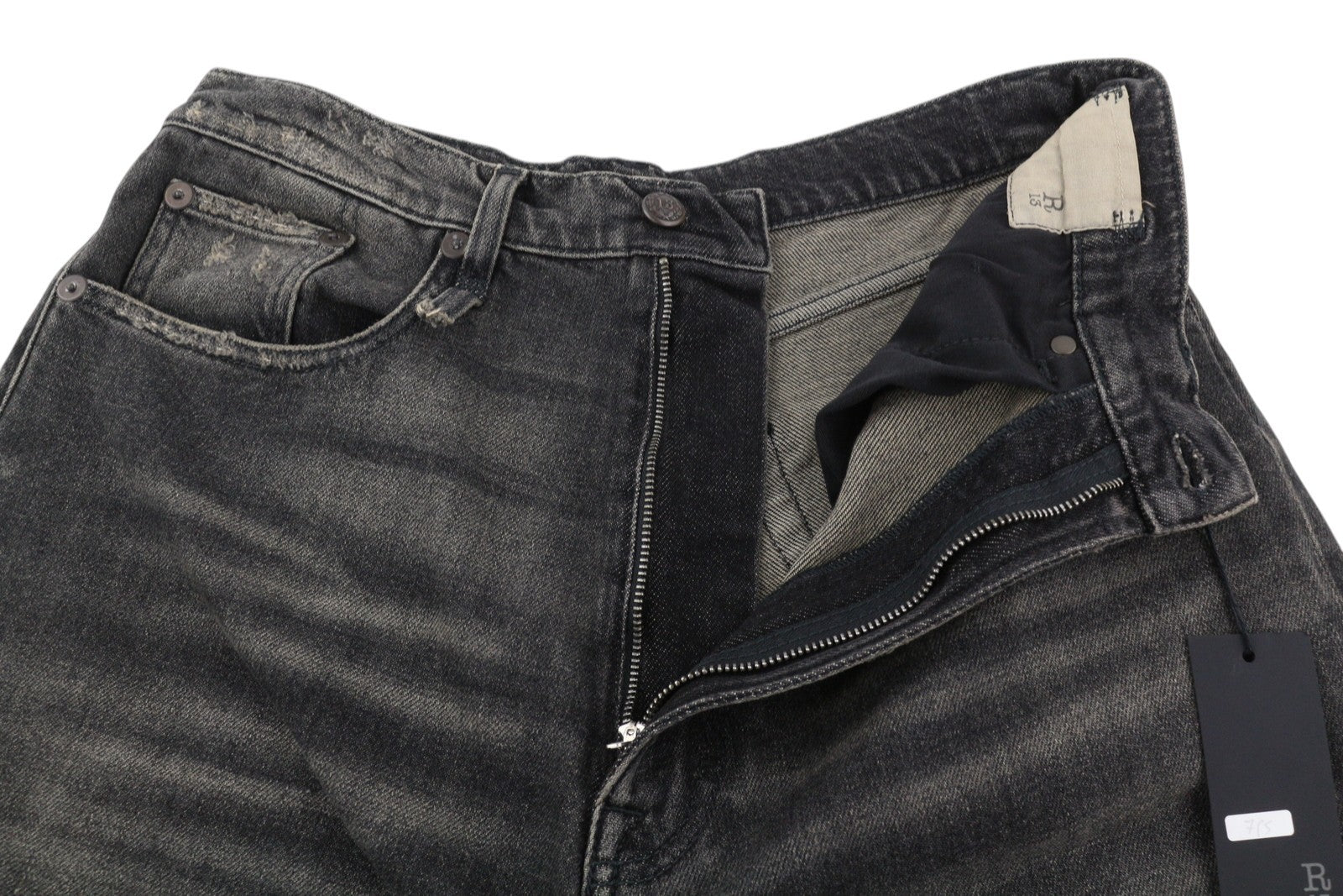 R13 Jesse moteriški džinsai, 27 dydis, Abbey Black, išblukintos, laisvos, tiesios, dirbtinės odos, RRP 725 € 