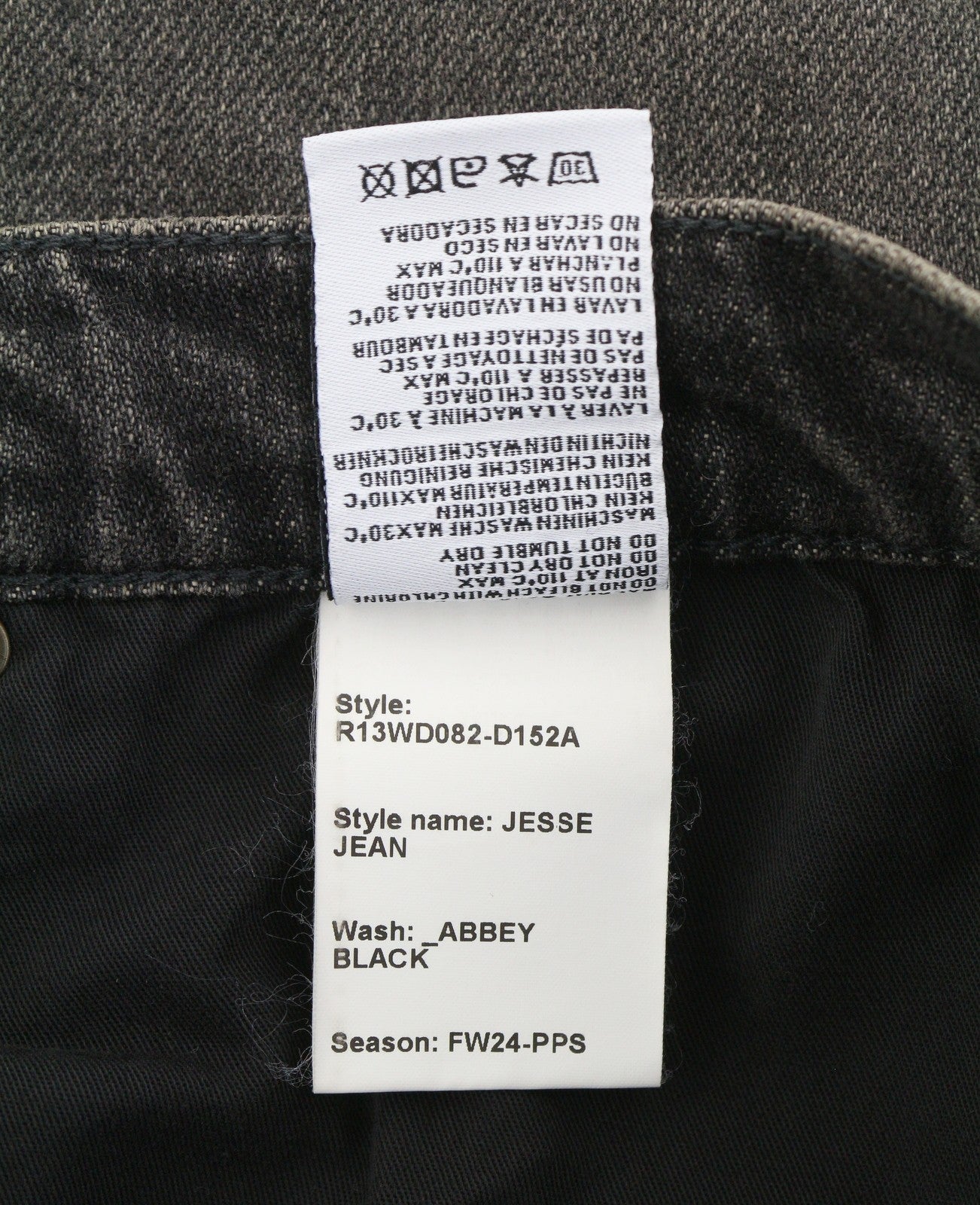 R13 Jesse moteriški džinsai, 27 dydis, Abbey Black, išblukintos, laisvos, tiesios, dirbtinės odos, RRP 725 € 